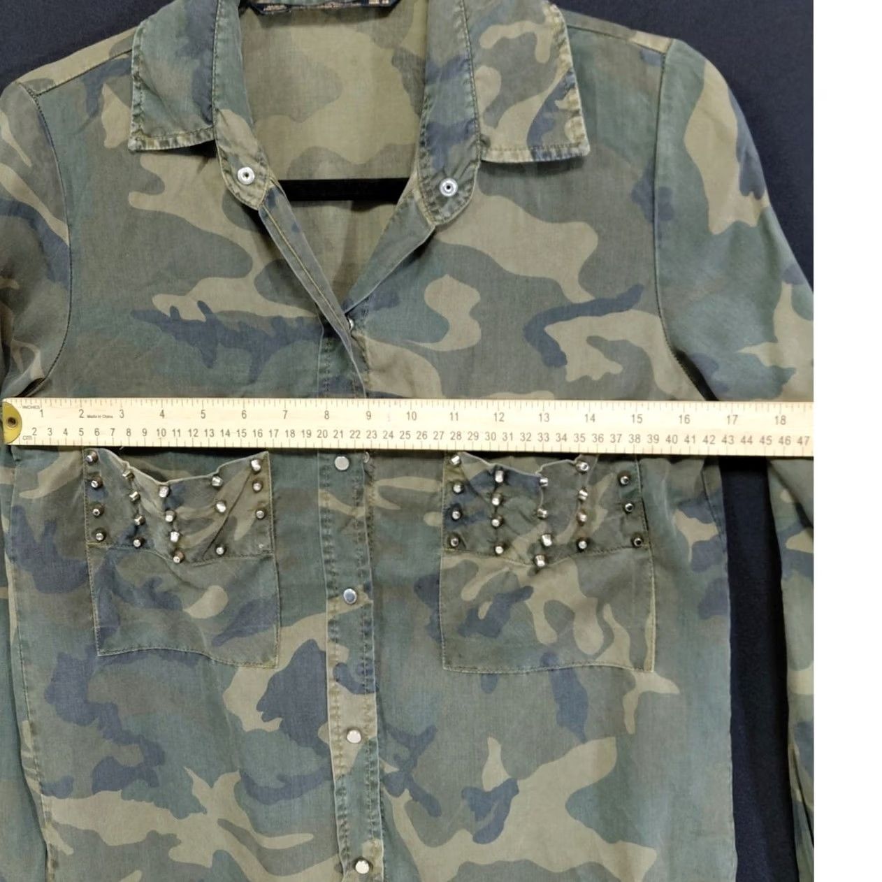 Zara Zara Woman Shirt Green Camouflage Studded Long Sleeve Collared Size M Womens Size M / US 6-8 / IT 42-44 - 5 Thumbnail