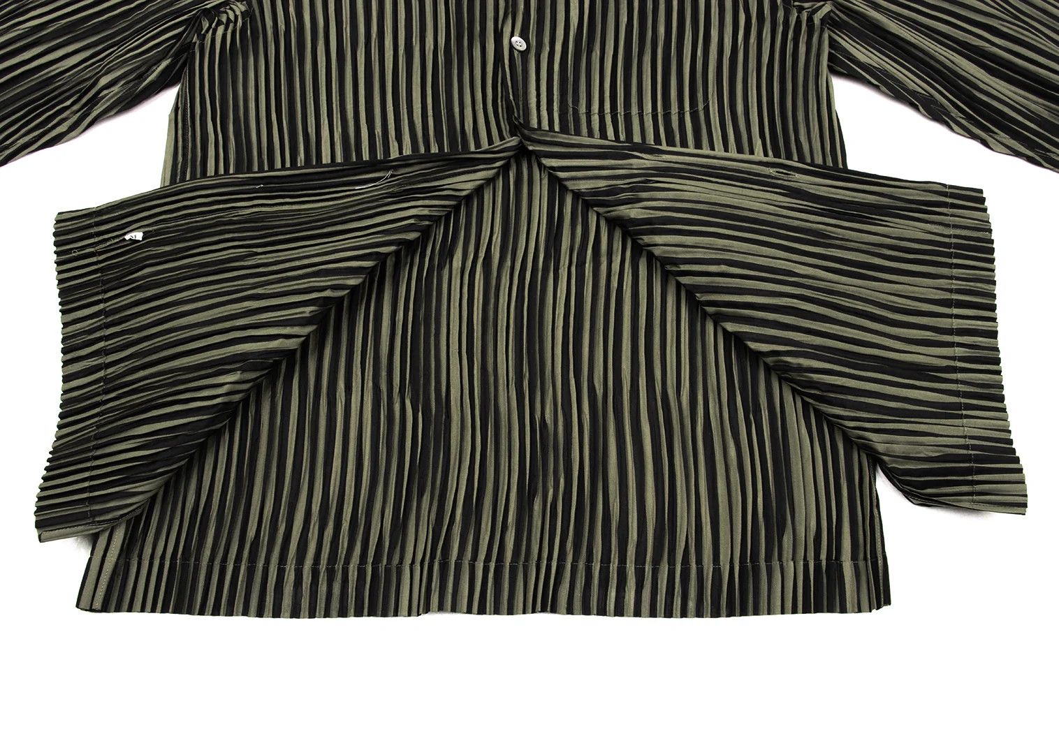 Issey Miyake Pleated Stripe Band Collar Shirt in Black Khaki M Size US M / EU 48-50 / 2 - 15 Thumbnail