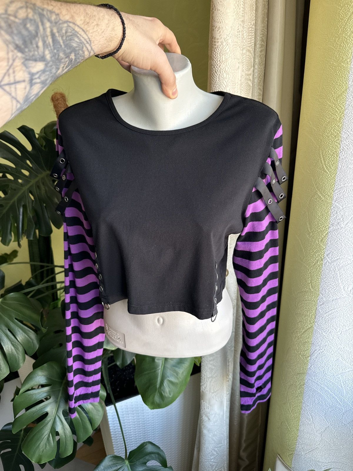 Hysteric Glamour Vintage Emo Punk Goth Cropped Longsleeve Top Black Purple Size M / US 6-8 / IT 42-44 - 3 Thumbnail