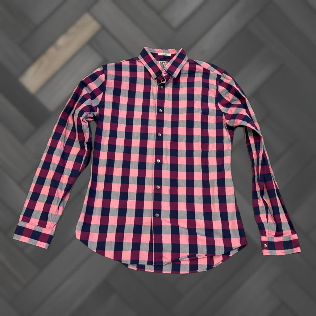 Express Express Shirt Men's Medium Fitted Long Sleeve Button Purple Plaid Preppy Casual Size US M / EU 48-50 / 2 - 1 Thumbnail