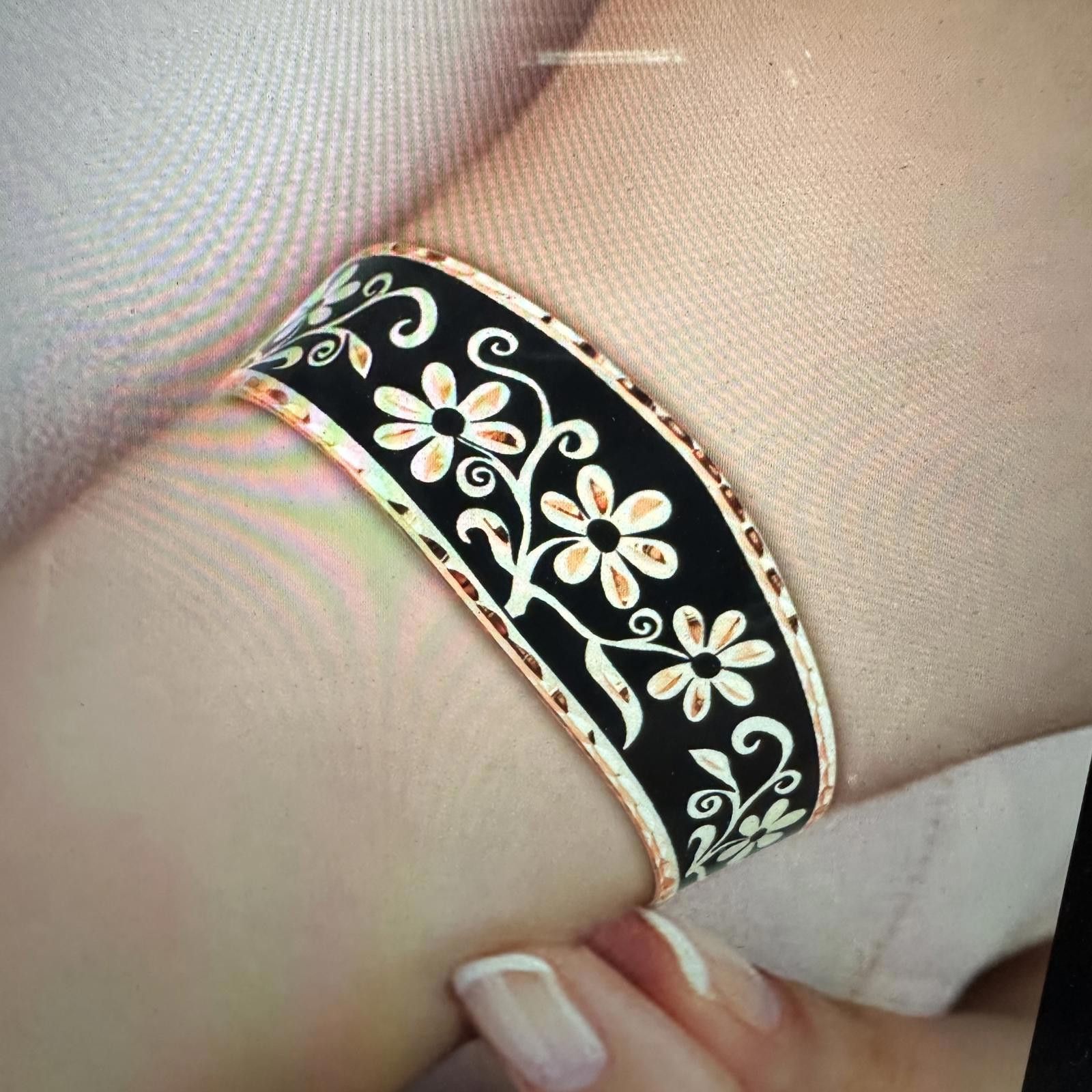 Other Handcrafted Diamond Cut Black Floral Design Copper Cuff Brac Size ONE SIZE - 9 Thumbnail