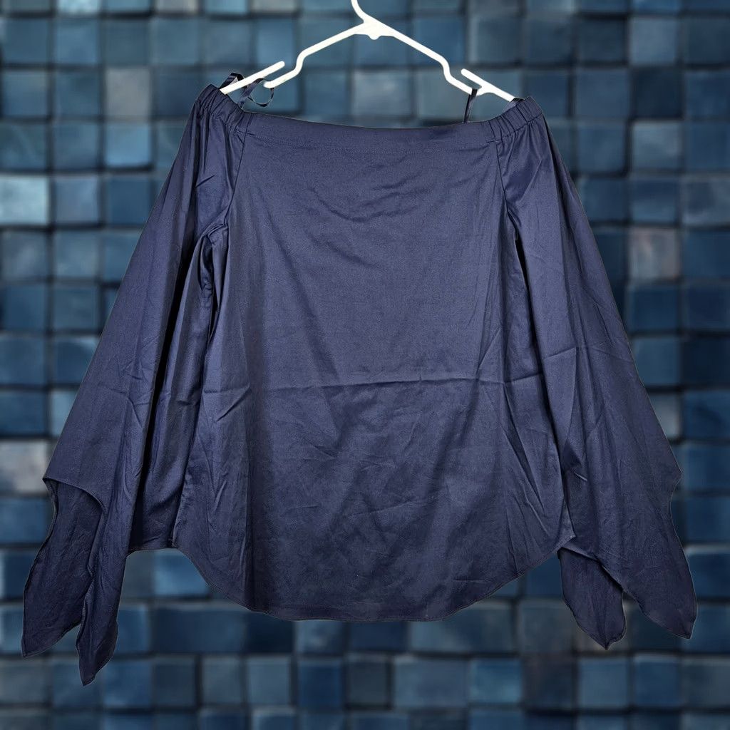 White House Black Market White House Black Market Blouse Shirt Off the Shoulder Tie Sleeve Sz S Womens Regular Blue Cotton Nylon Spandex Solid Short Sleeve Size S / US 4 / IT 40 - 1 Thumbnail