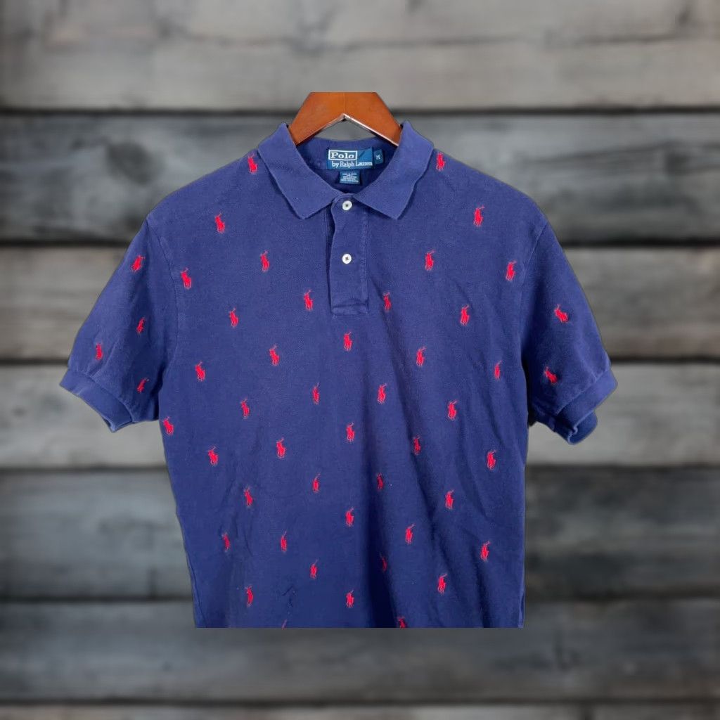 Polo Ralph Lauren VINTAGE Polo Ralph Lauren Polo Shirt Men Medium Dark Blue Red Geometric Embroidered 90s Preppy Size US M / EU 48-50 / 2 - 1 Thumbnail
