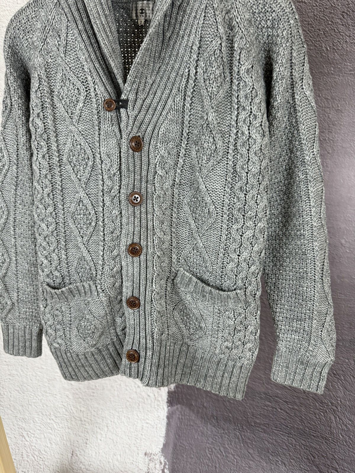 Japanese Brand × Takeo Kikuchi × Vintage TK Takeo Kikuchi vintage grey shawl neck cable knit cardigan Size US S / EU 44-46 / 1 - 6 Thumbnail