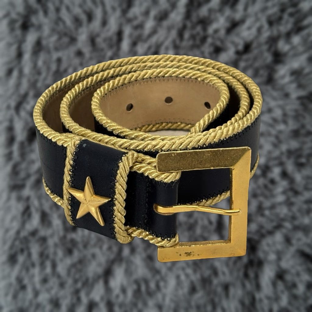 Vintage VINTAGE Joan & David Too Belt Navy Calfskin Leather Regular M 1.5” Gold Cord Trim Military 80s Womens Blue Size ONE SIZE - 1 Thumbnail