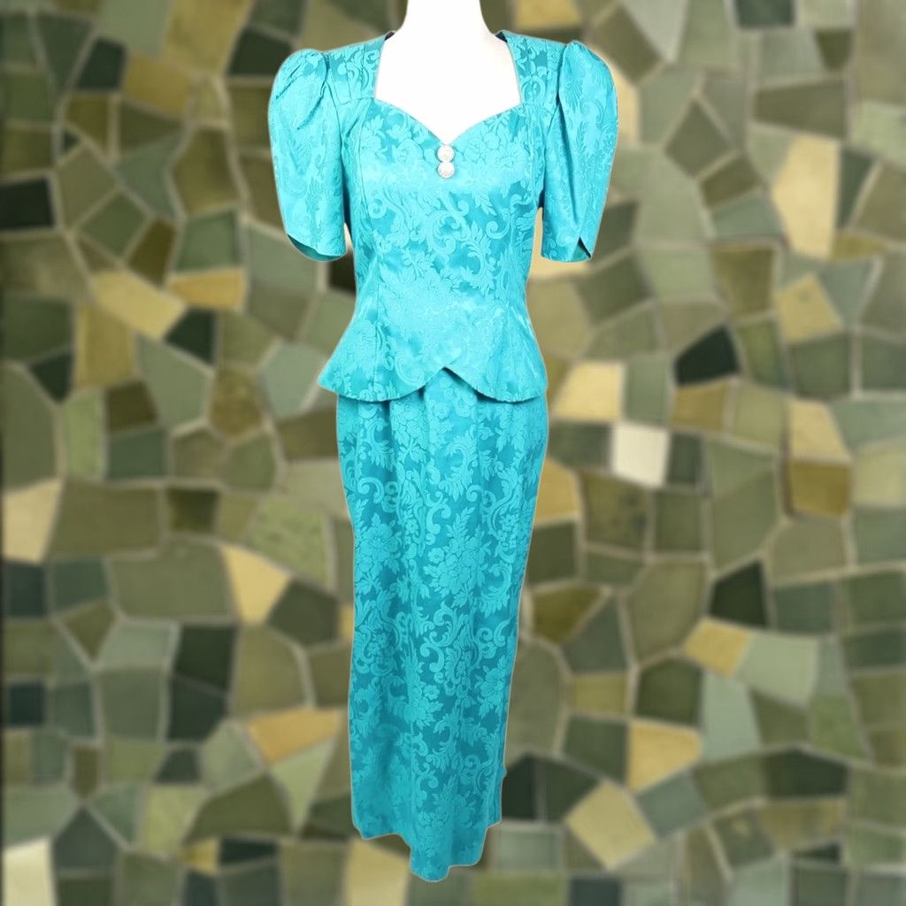 Vintage VINTAGE Scott McClintock Teal Green Floral Jacquard Peplum Midi Dress 10 Women Size L / US 10 / IT 46 - 1 Thumbnail