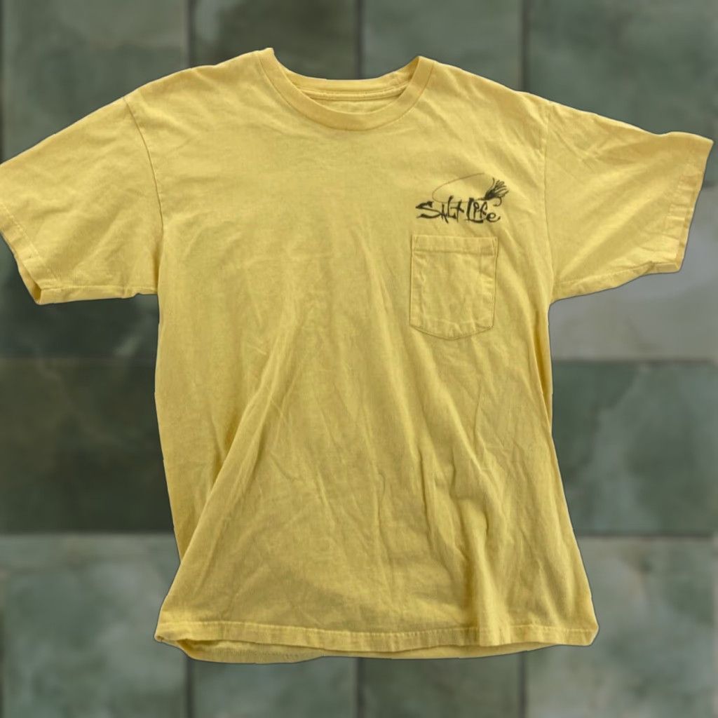 Vintage Salt Life T-Shirt Mens L Yellow Marlin Flag Sailing Pocket Cotton Shirt Mens L Yellow Logo 90s Beach Ocean Graphic Tee Size US L / EU 52-54 / 3 - 1 Thumbnail
