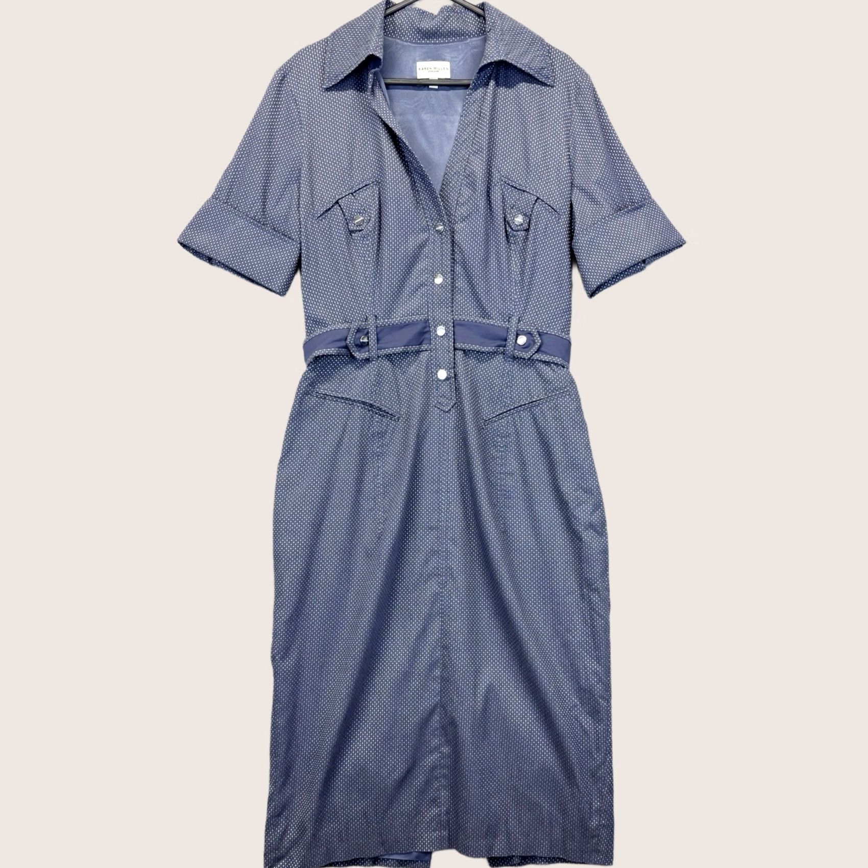 Karen Millen Karen Millen Blue Silver Polka Spot Belt Military Shirt Dress UK12 Midi Buttoned Silver Snap Size XL / US 12-14 / IT 48-50 - 1 Thumbnail