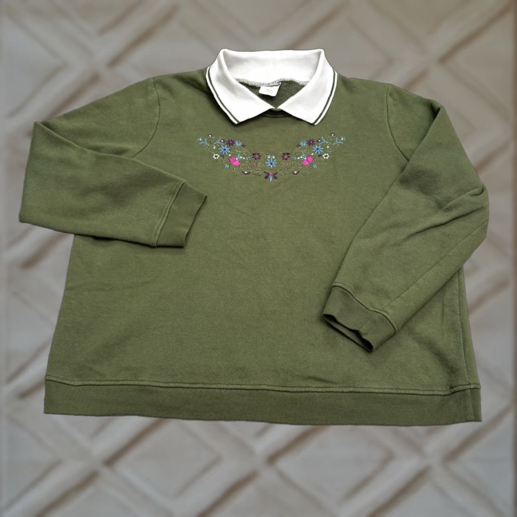 Vintage Adrian Delafield Embroidered Collared Pullover Sweatshirt Womens XL Green Pullover Sweatshirt Floral Bohemian Womens XL Green Size XL / US 12-14 / IT 48-50 - 1 Thumbnail
