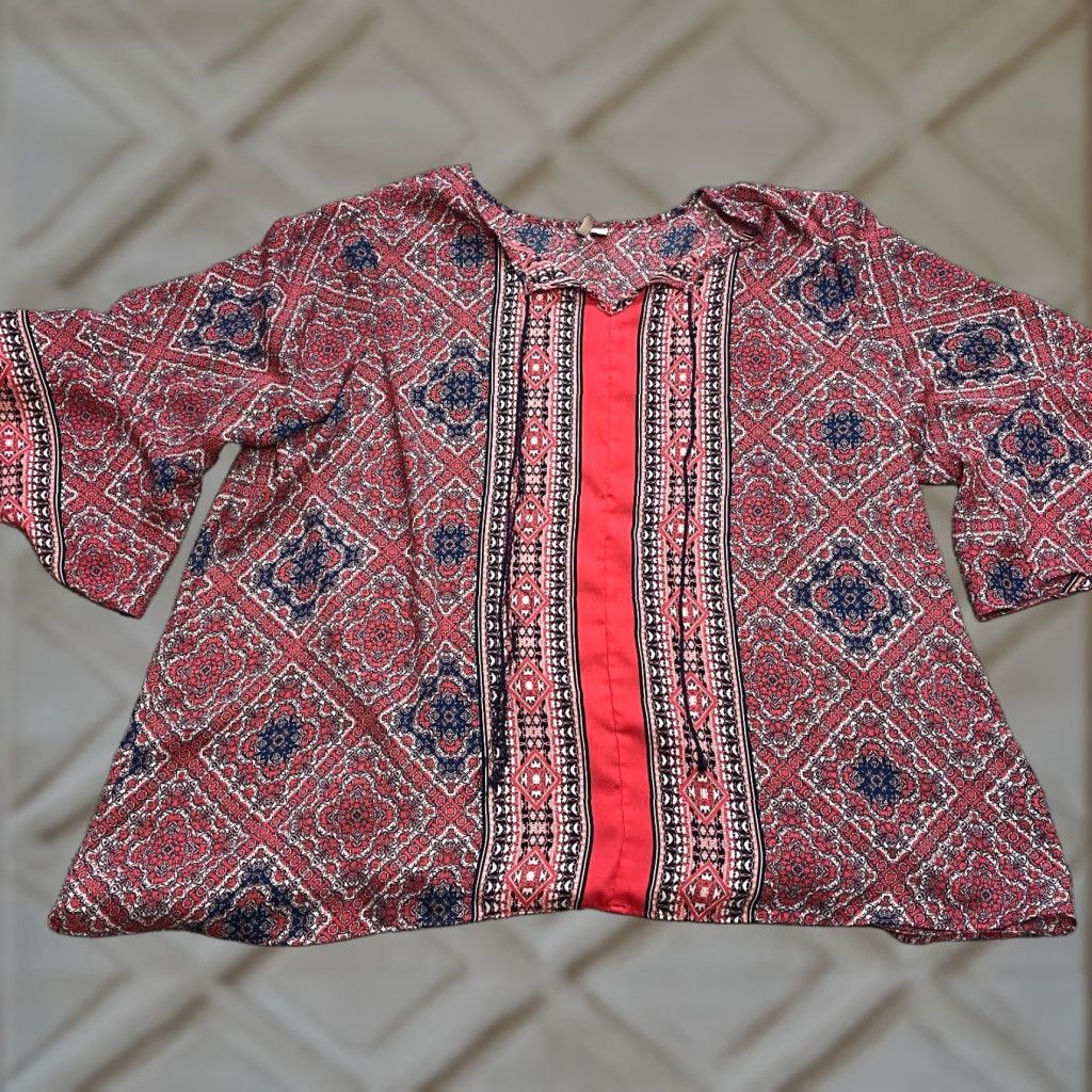 Vintage Cato Blouse Womens 20W Pink Blue 3/4 Sleeve Lightweight Polyester Knit Round Neck Pullover Casual Plus Size Ladies Top Size 3XL / US 20-22 - 1 Thumbnail