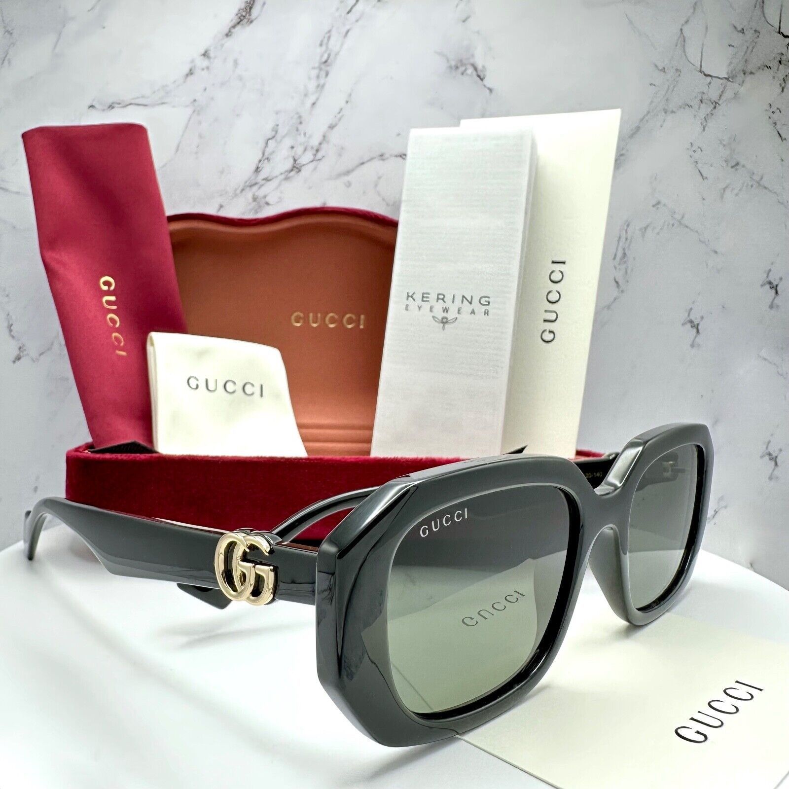 Gucci New Gucci Sunglasses Black Geometric Rectangle Gold GG Size ONE SIZE - 3 Thumbnail