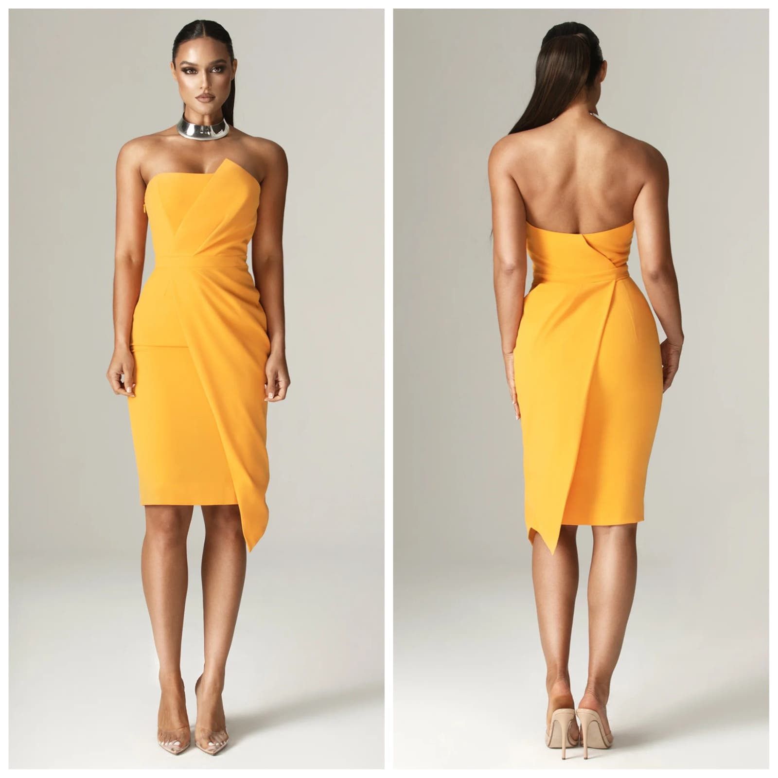 image of New Alieva Eliana Crepe Corset Midi Dress Orange, Women's (Size Small)