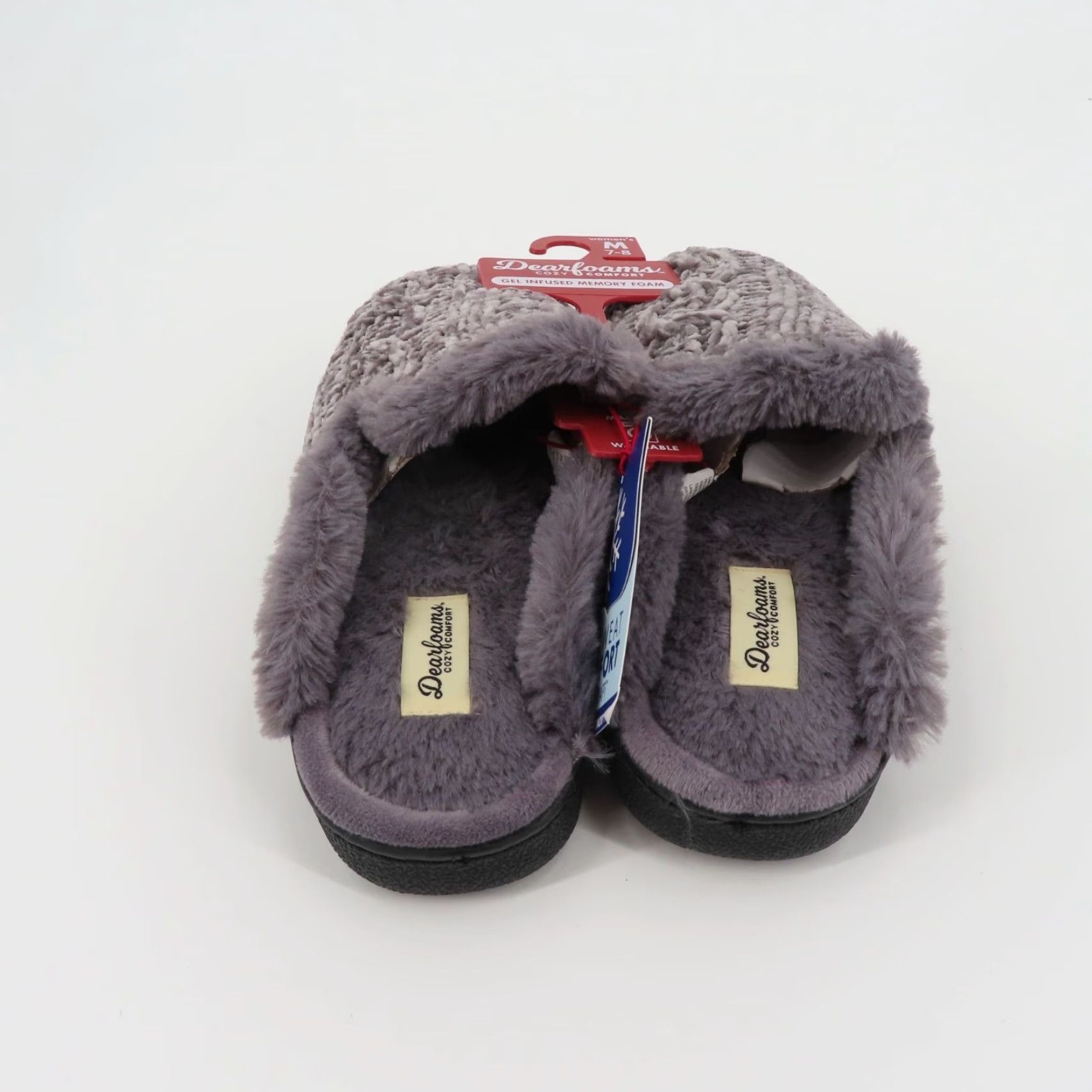 Vintage Dearfoams Women Slipper 7-8 Grey Chenille Cable Knit Faux Fur Slide NEW Size US 7 / IT 37 - 5 Thumbnail