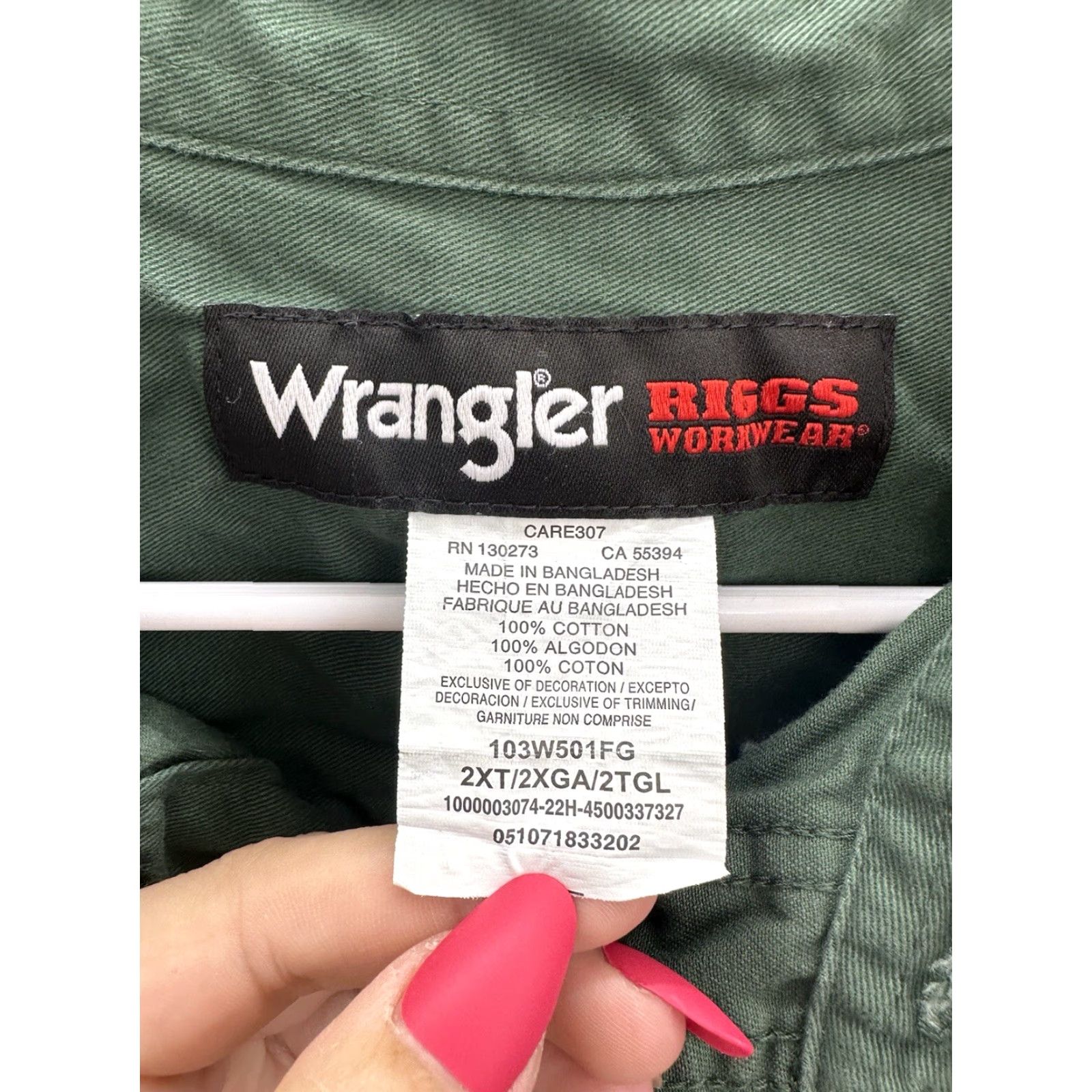 Wrangler Wrangler Riggs Workwear Mens Button Up Shirt 2XT Green Long Sleeve Canvas Collared Button-Down Western Casual Workwear Mens Shirt Size US XXL / EU 58 / 5 - 4 Thumbnail