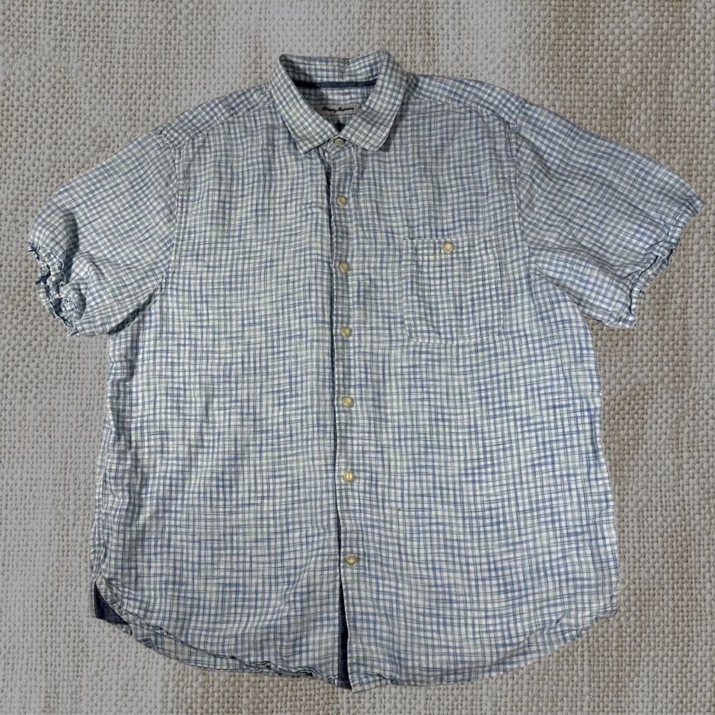 Tommy Bahama Shirt Men's 1XL Short Sleeve Plaid Linen Tencel in Blue, Men's