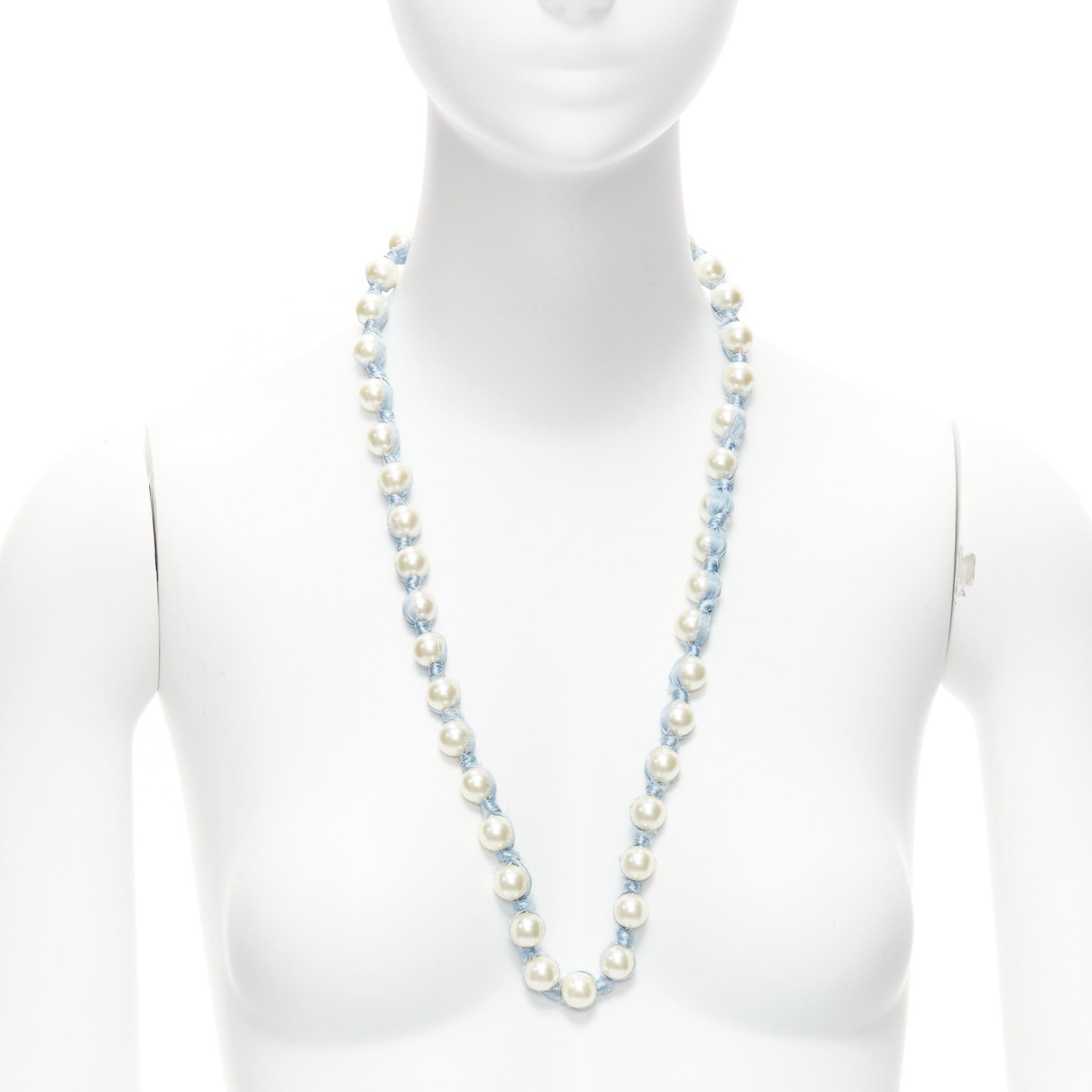 Lanvin LANVIN ALBER ELBAZ cream pearl blue silk ribbon wrap long necklace Size ONE SIZE - 1 Thumbnail