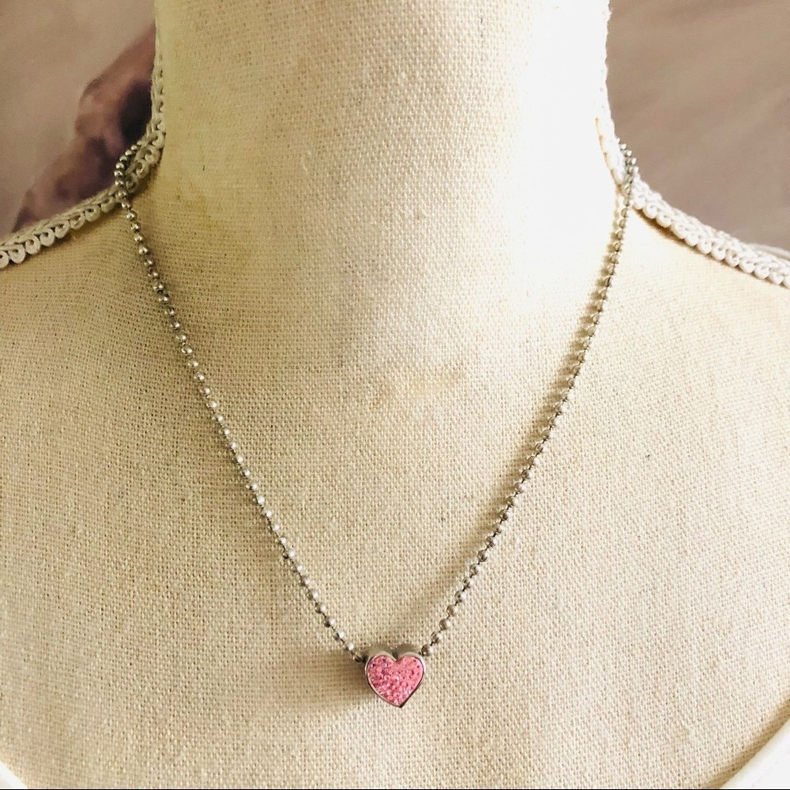 Jewelry Pink Sparkle Heart Slider Charm Silver Ball Chain Necklace, Women's