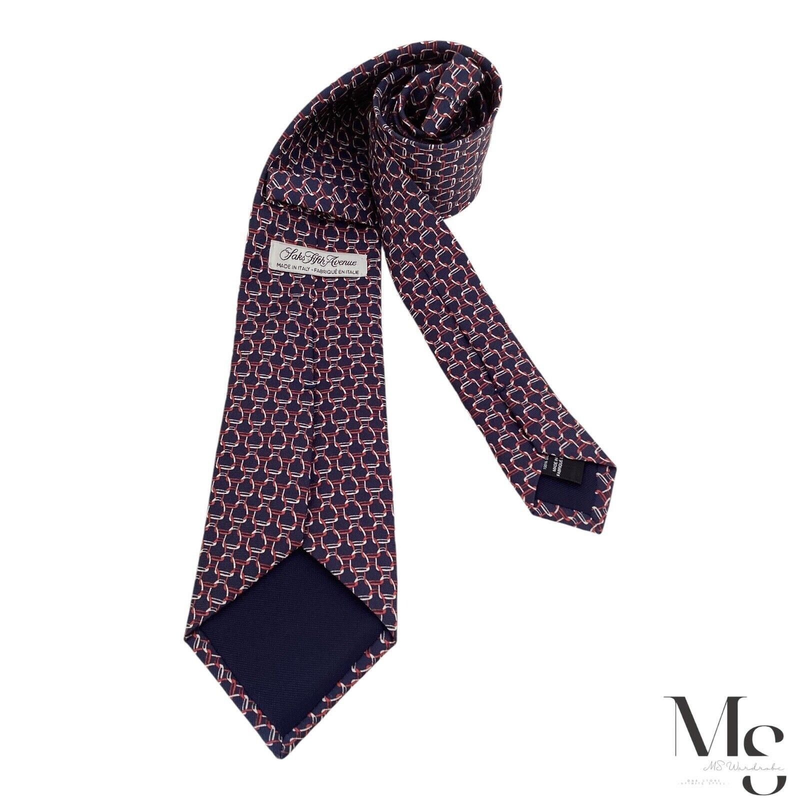Saks Fifth Avenue SAKS FIFTH AVENUE XL Blue Stirrups Print Silk Tie Italy Size ONE SIZE - 2 Thumbnail