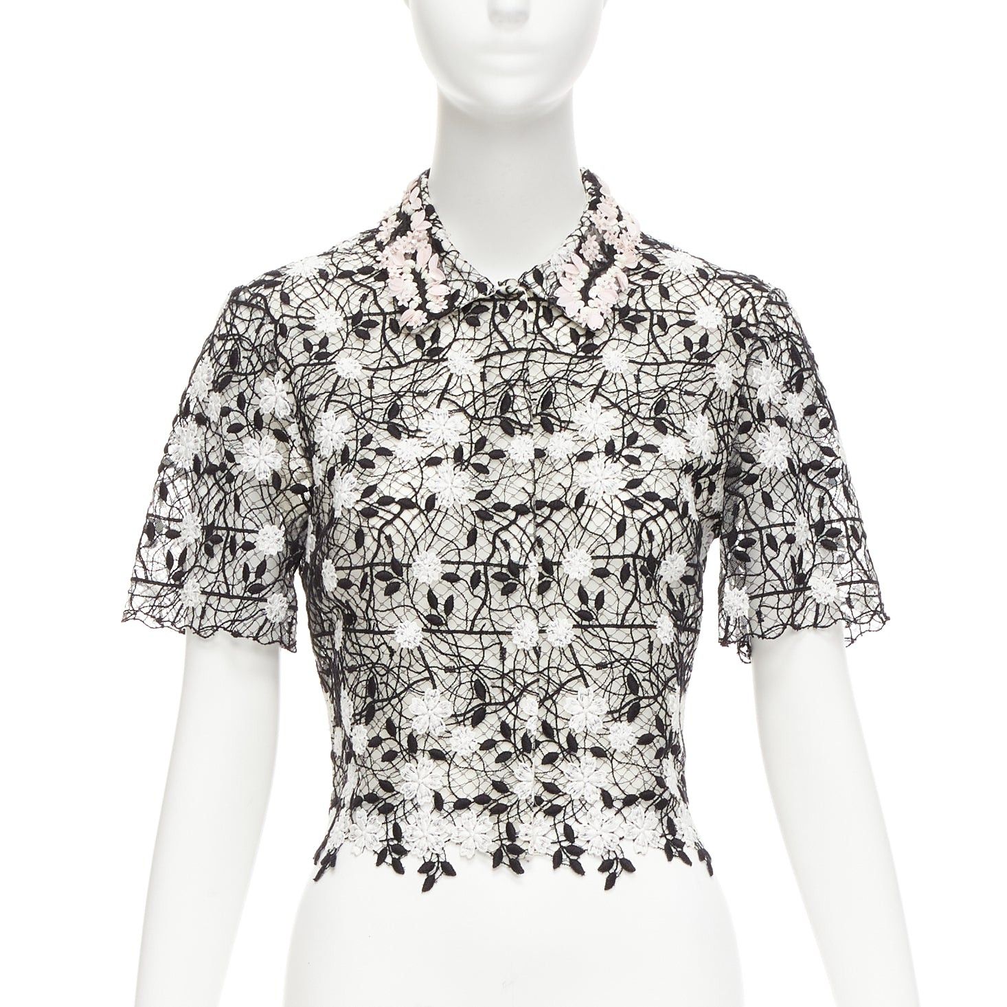Giambattista Valli GIAMBATTISTA VALLI black cotton blend lace pink applique cropped shirt IT38 XS Size XS / US 0-2 / IT 36-38 - 1 Thumbnail