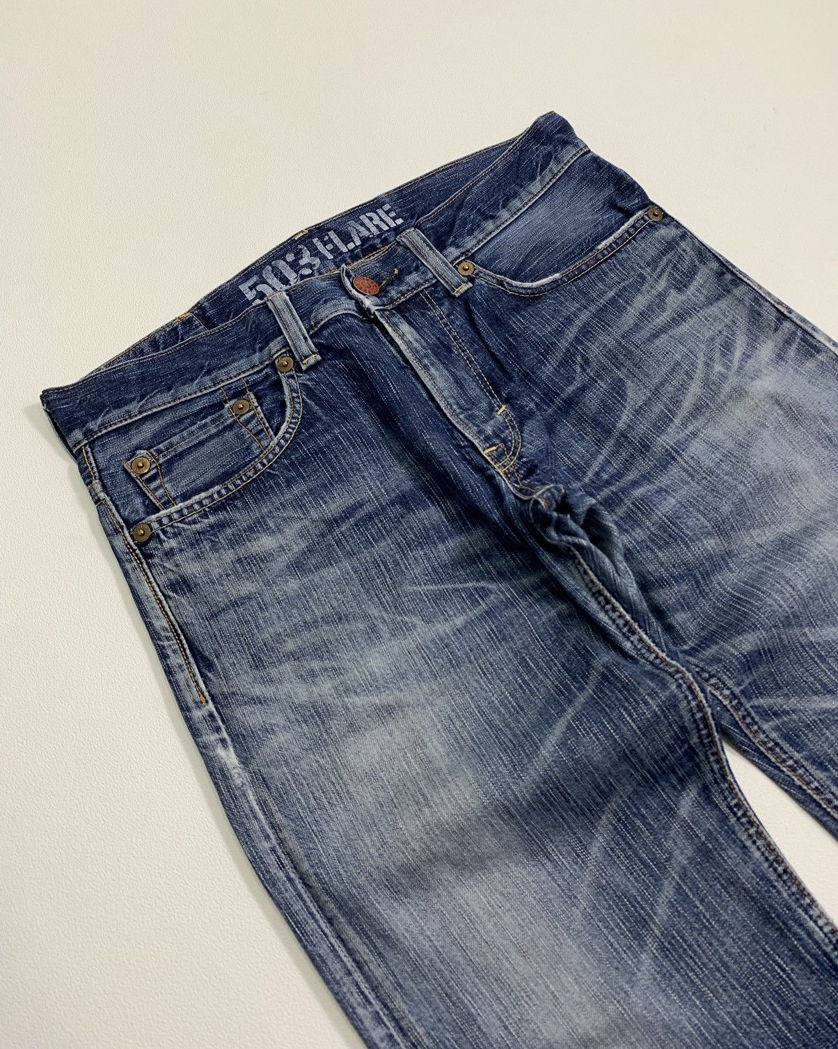 Edwin Vtg Distressed Flare Edwin 503 Blue Trip Japan 🎌 Size US 33 - 3 Thumbnail