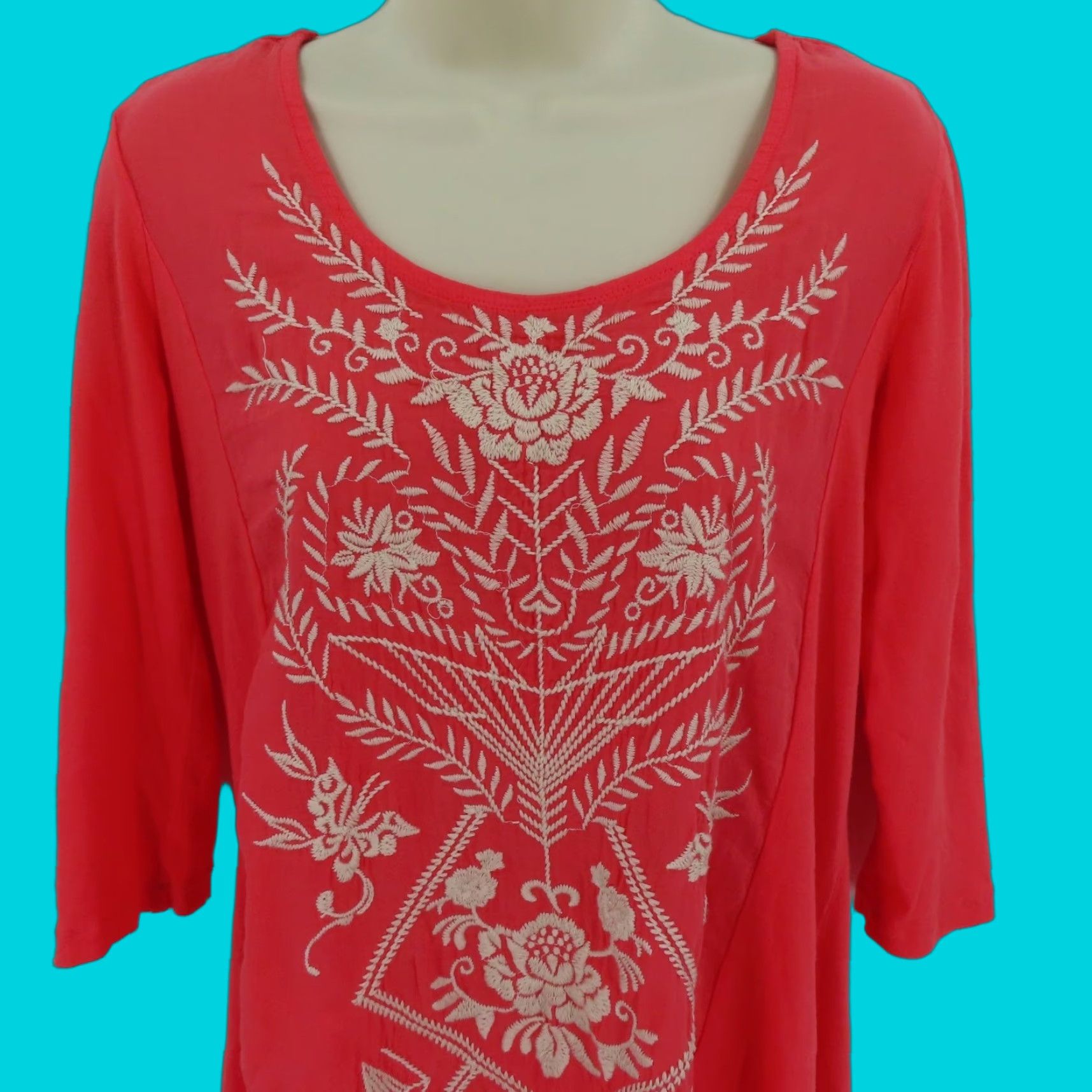 Johnny Was Johnny Was Womens Small Coral Pink Orange Embroidered Floral Tunic Shirt Top Size S / US 4 / IT 40 - 1 Thumbnail