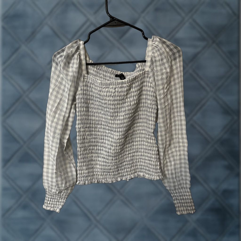Ann Taylor ANN TAYLOR PETITE Grey GINGHAM Square Neck SMOCKED Top XS Blouse Womens Shirt Size XS / US 0-2 / IT 36-38 - 1 Thumbnail