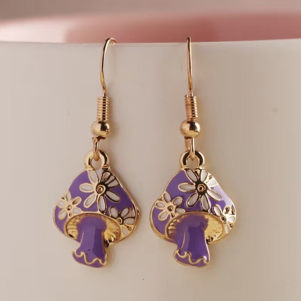 Other Gold Tone Purple Enamel Mushroom Floral Cute Dangle Earrings Size ONE SIZE - 1 Thumbnail