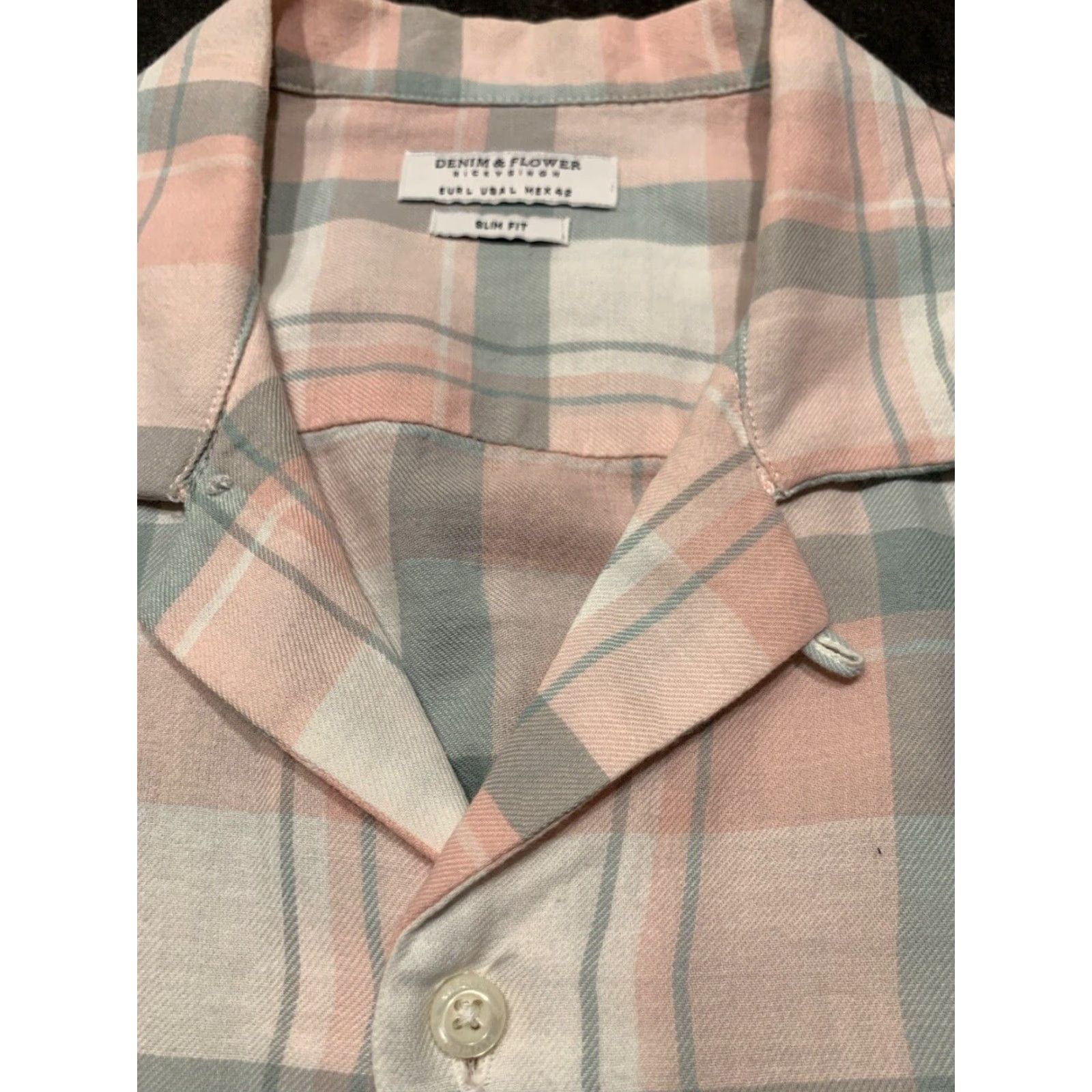 Denime VINTAGE Denim & Flower Pink Plaid Slim Fit Short Sleeve Button-Up Shirt Adult Large Cotton Size US L / EU 52-54 / 3 - 6 Thumbnail