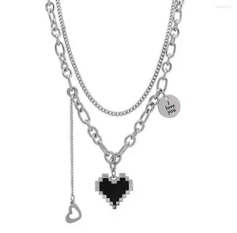 Japanese Brand Unisex double layer long chain pixel heart couples pendant Size ONE SIZE - 3 Thumbnail