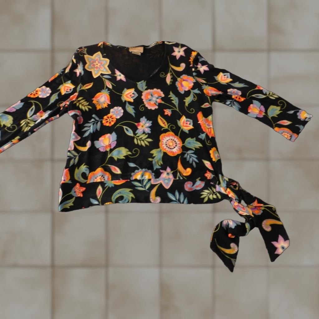 Vintage Choices Blouse Women S Black Floral Round Neck Long Sleeve Pullover Stretch Rayon Acetate Casual Shirt 2020s Basic Rose Pattern Women Size S / US 4 / IT 40 - 1 Thumbnail