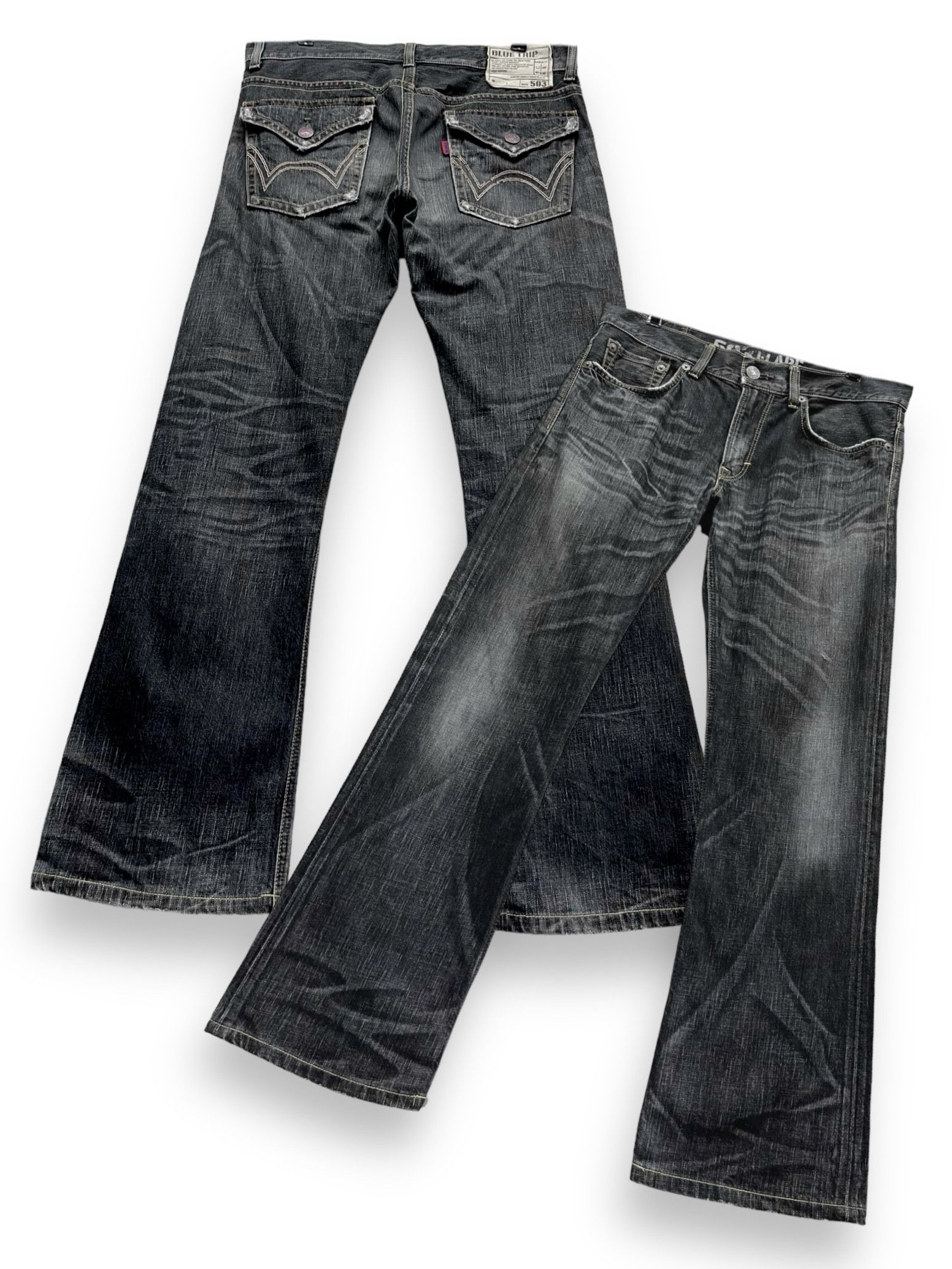 image of Fye Flareedwin Blue Trip Distressed Black Made In Japan, Men's (Size 34)