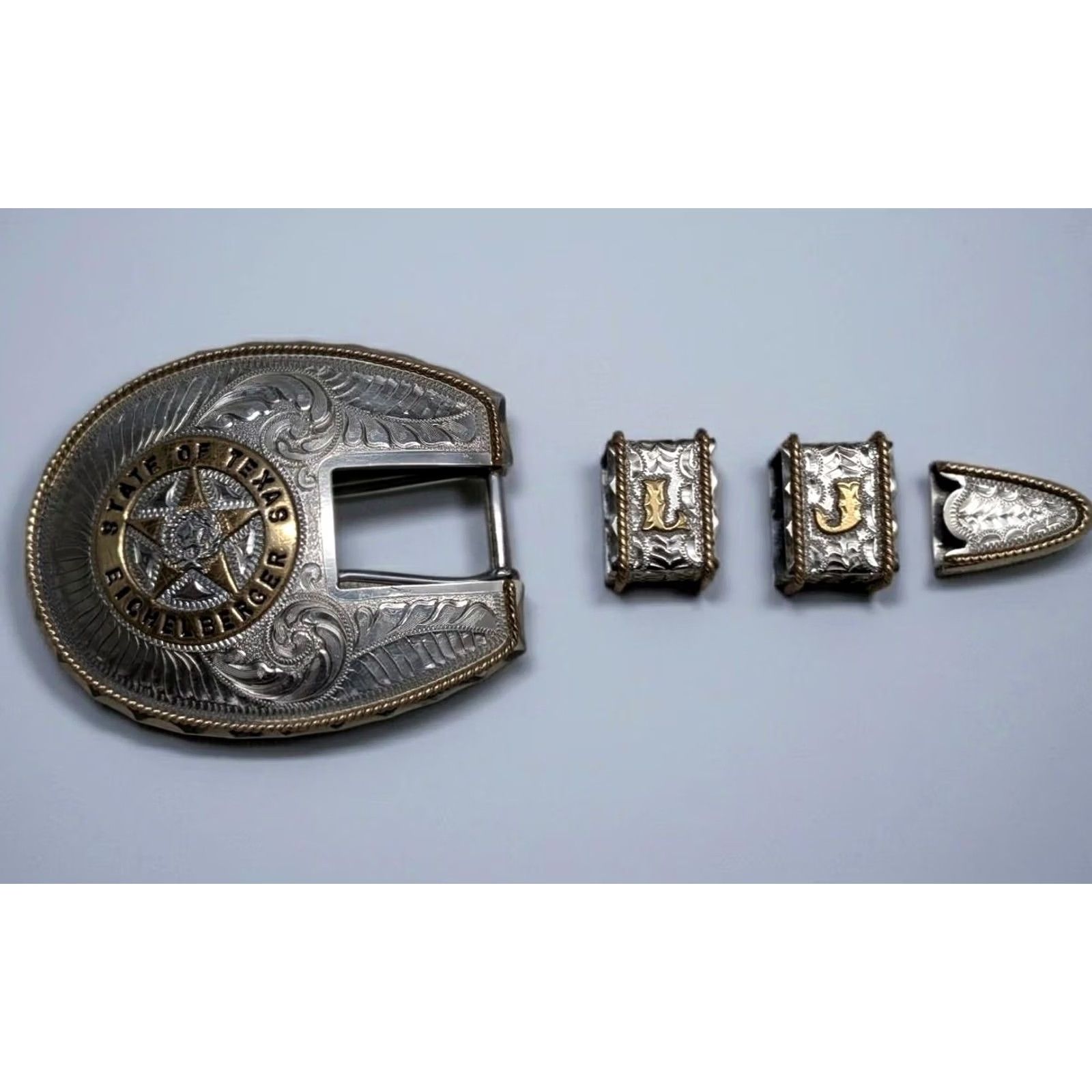 Vintage VINTAGE custom made TEXAS belt buckle Engraved Western Ranger Lonestar 4PC German Silver Nickel Silver Men Size ONE SIZE - 2 Thumbnail