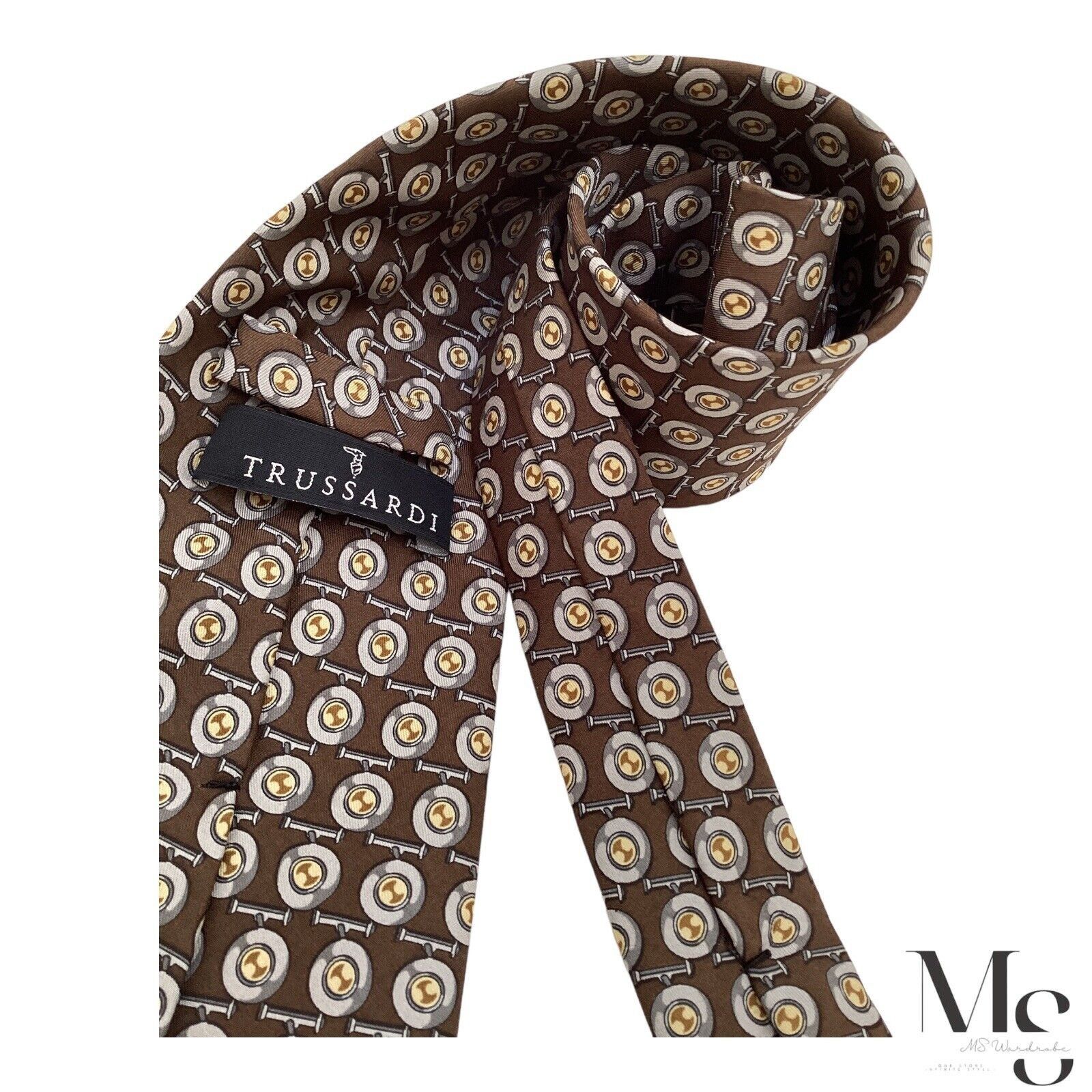 Trussardi TRUSSARDI Brown Novelty Luxury Designer Silk Tie Italy W: 3. Size ONE SIZE - 4 Thumbnail