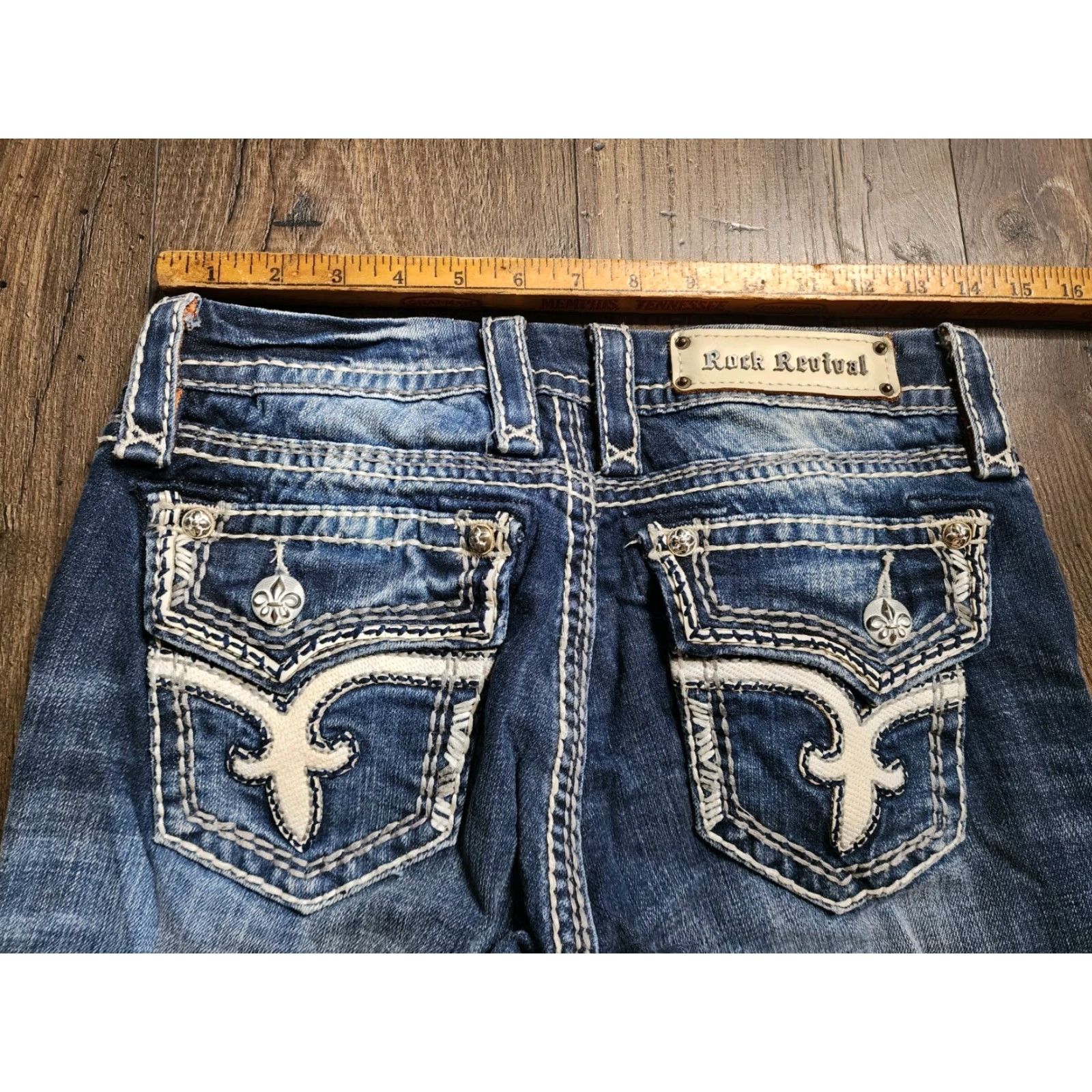 Vintage Rock Revival Kai Crop Jeans Womens 27 Blue Distressed Straight Leg Buckle Exclusive Size 27" / US 4 / IT 40 - 2 Thumbnail