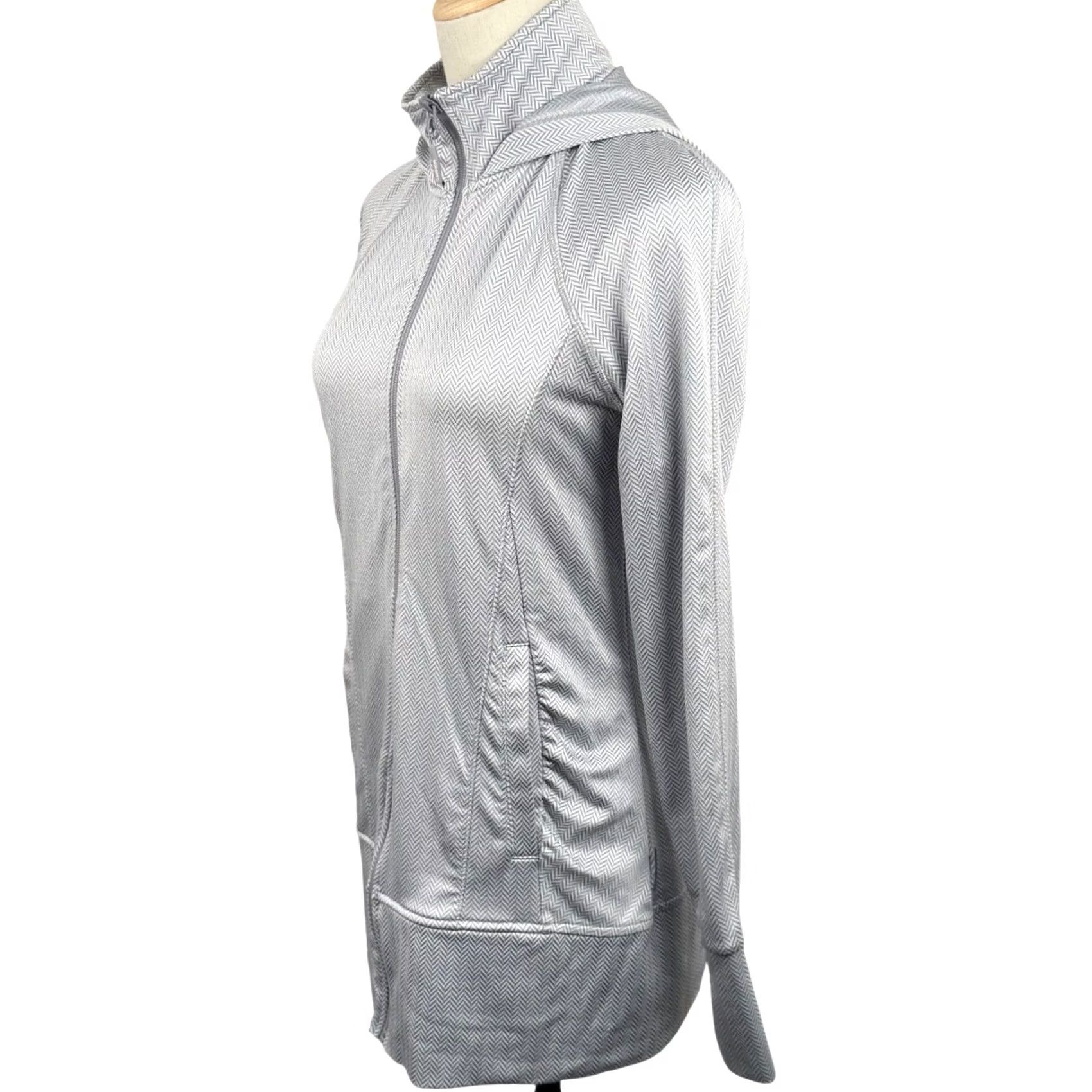 Vintage Mondetta Women XS Full Zip Hooded Performance Jacket Grey Herringbone Thumbholes Jacket Size XS / US 0-2 / IT 36-38 - 3 Thumbnail