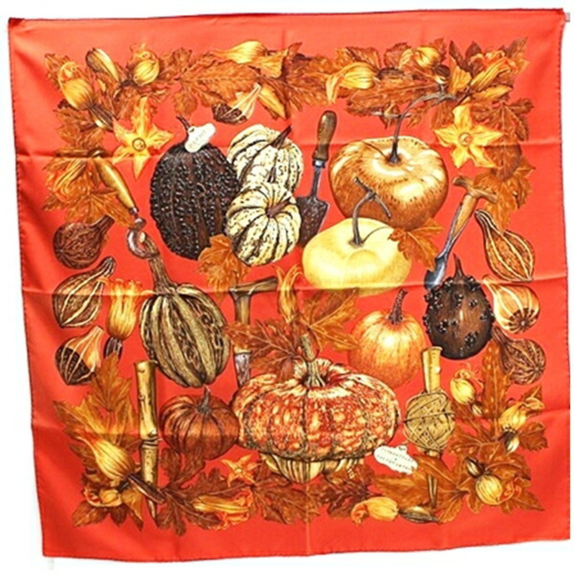 image of Hermes Silk Scarf Muffler Carre90 Citrouilles Et Coloquintes Pumpkin And Colocinto Orange Hermes La