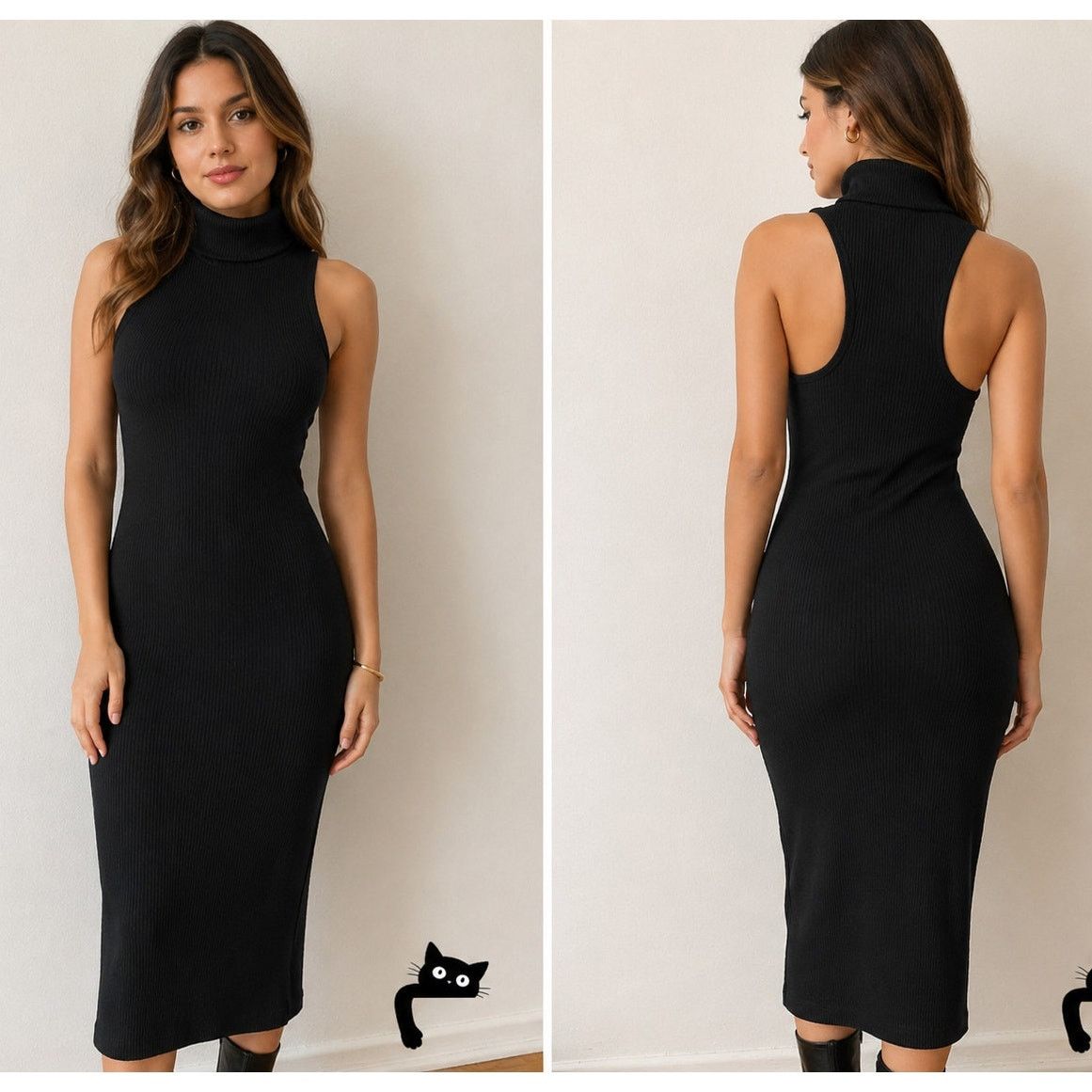 Other Black Mock Neck Ribbed Bodycon Sleeveless Cut Out Dress S Size S / US 4 / IT 40 - 3 Thumbnail