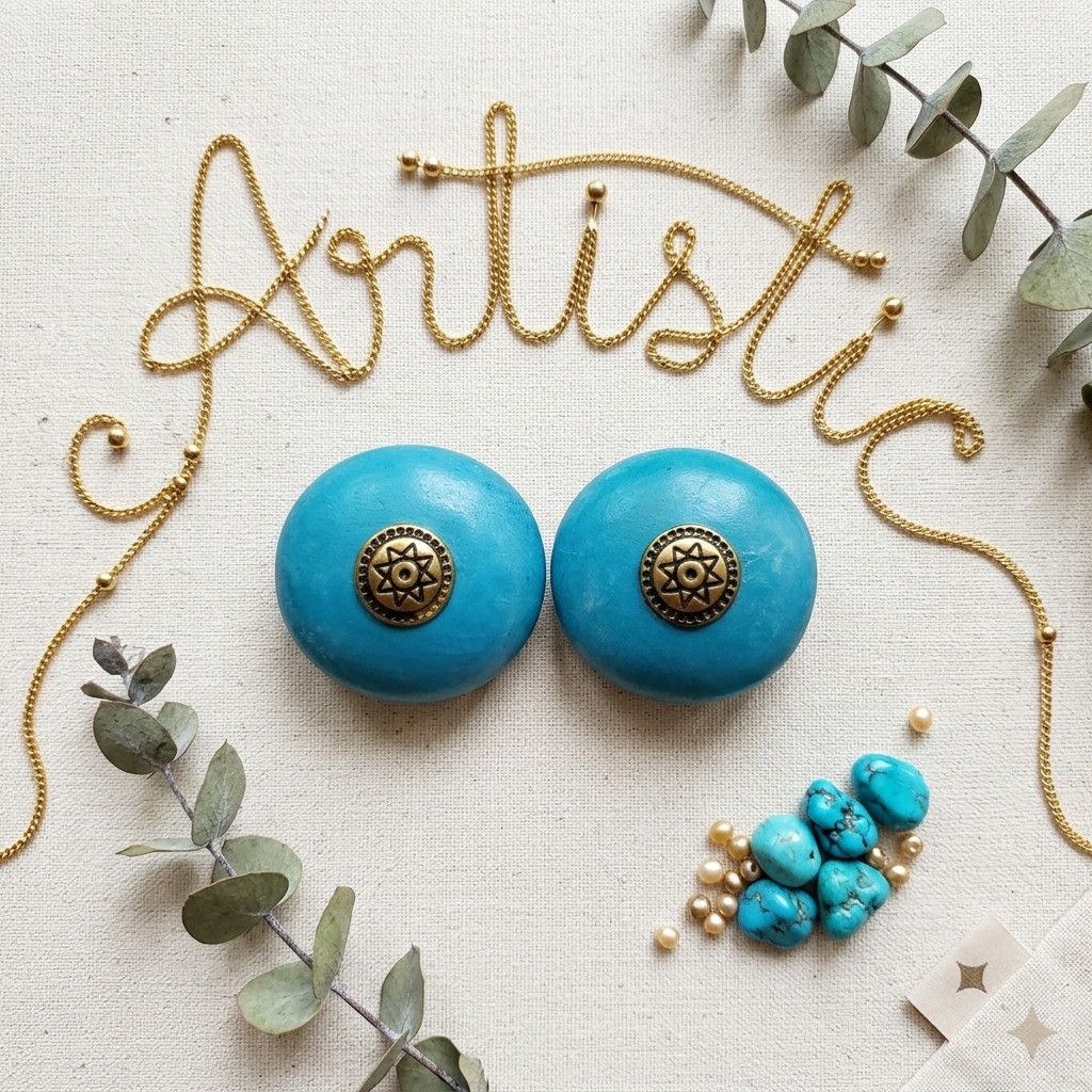 Handmade Artistic Button Earrings Clip On Turquoise Wood Brass Paint Size ONE SIZE - 9 Thumbnail