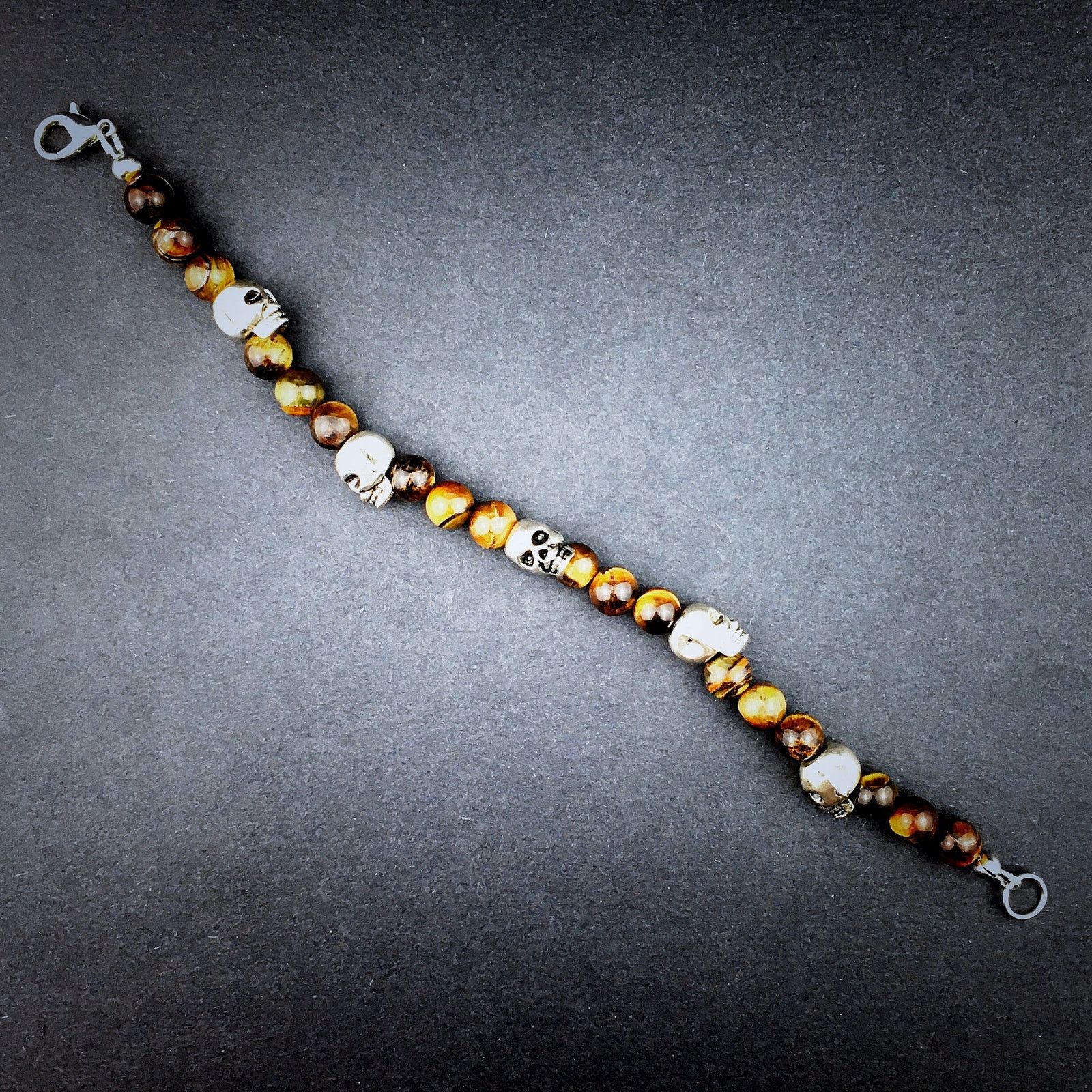 Handmade 💀Silver Skull and Genuine Tiger’s Eye Beaded Bracelet Size ONE SIZE - 4 Thumbnail