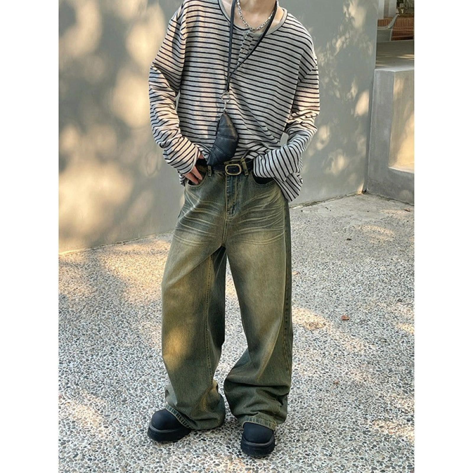 Olive Green Loose Whiskered Wide Leg Jeans
