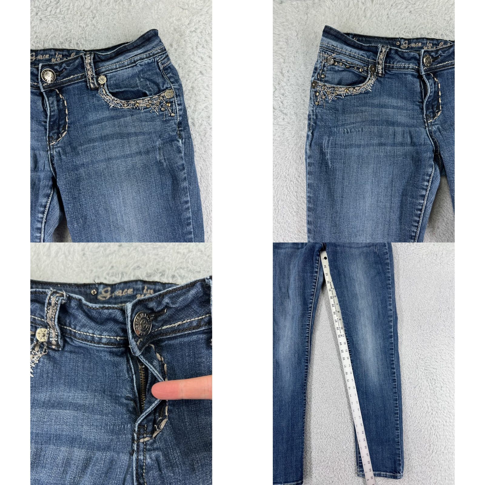 Grace in LA Grace In LA Jeans Womens 11 Blue Denim Low Rise Bling Embroidered Bootcut Stretch Featured Size 32" / US 10 / IT 46 - 8 Thumbnail