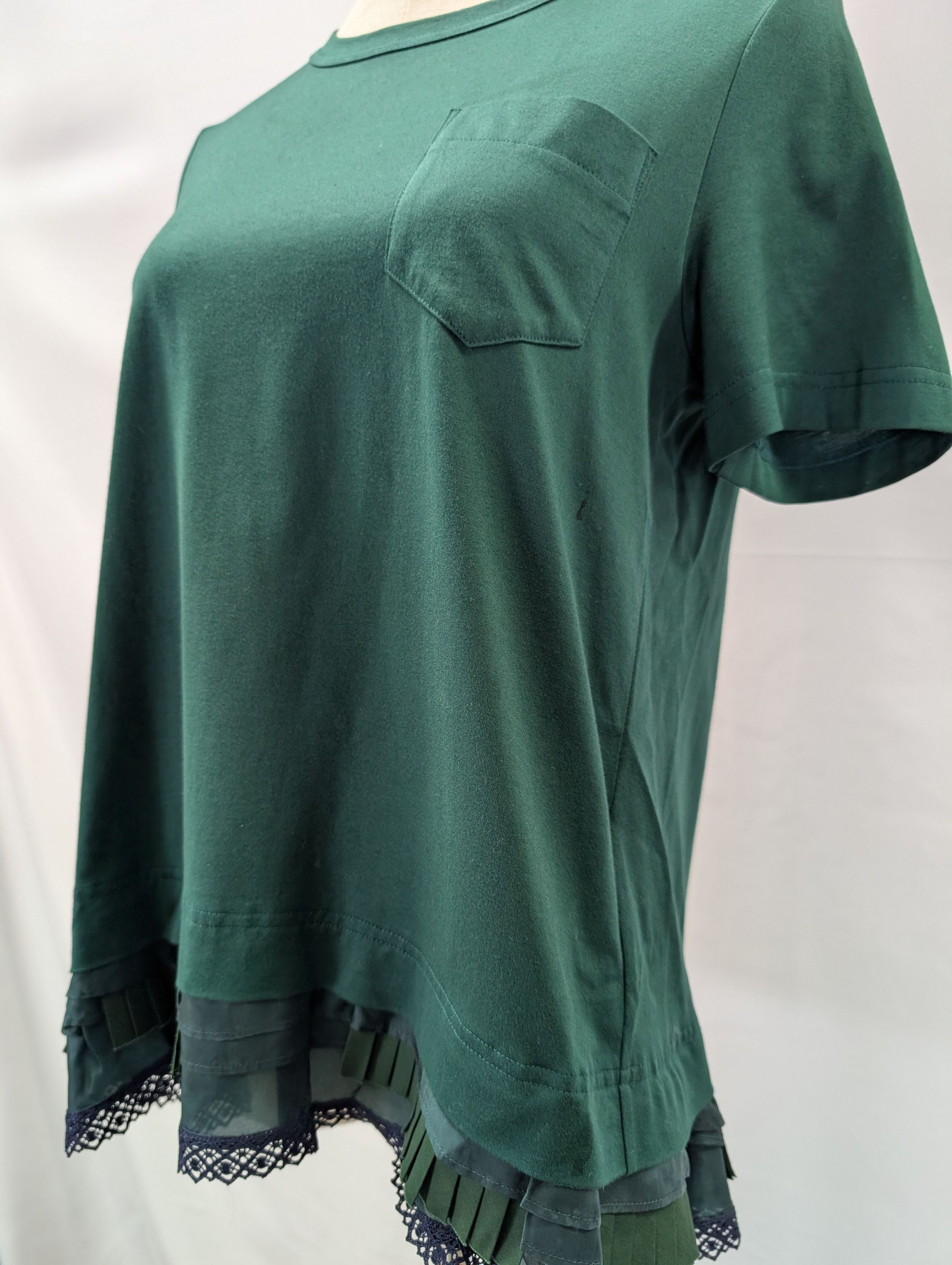 Sacai Green Cotton Tee With Iconic Trimming Ends Size S / US 4 / IT 40 - 3 Thumbnail