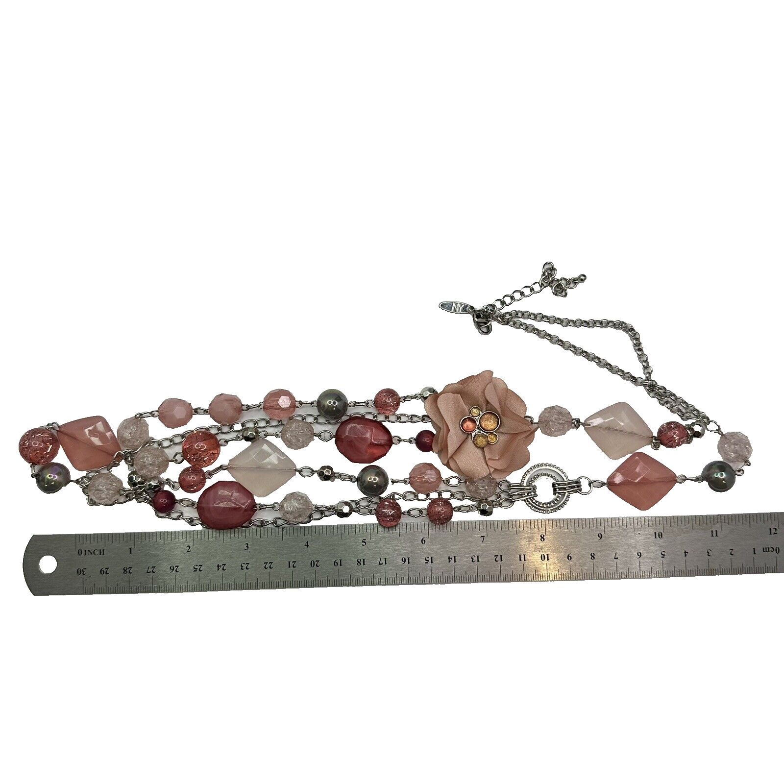 Other NY Pink Dangle Necklace 30" Beads Link Chain Flower AB Beads Size ONE SIZE - 4 Thumbnail