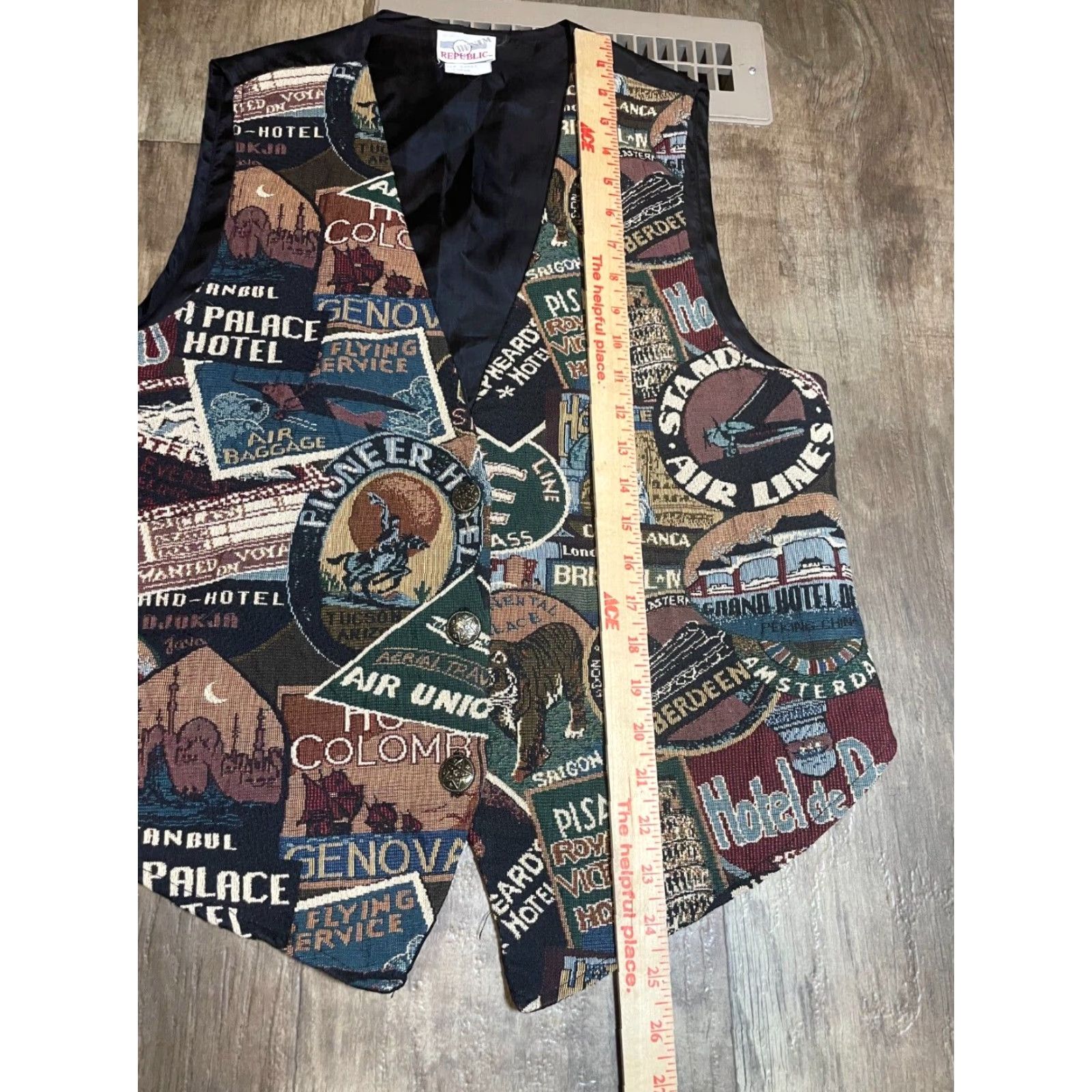New Republic VINTAGE Denim Republic Vest Jacket Womens Large Made In USA Travel Pattern USA Geometric Short Sleeveless Blue Denim Jacket/Coat Womens L Size L / US 10 / IT 46 - 5 Thumbnail