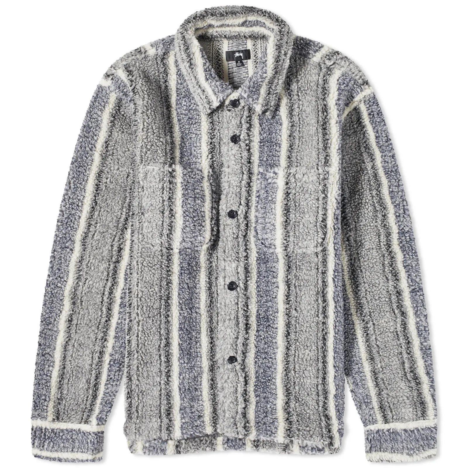 image of Stussy Stripe Sherpa Shirt In Charcoal in Grey, Men's (Size Medium)