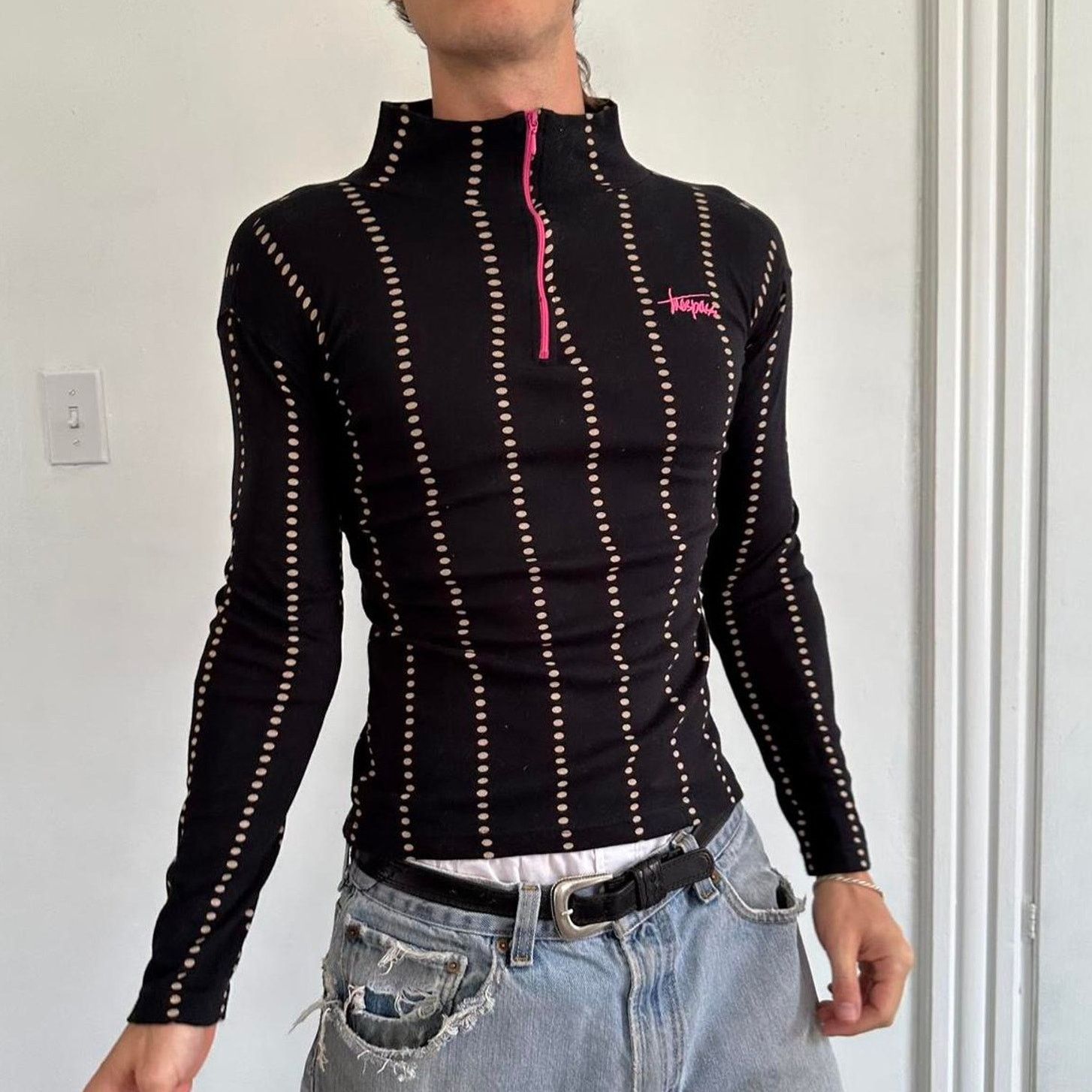 Vintage Vintage Y2K Striped Polka Dot Pink Longsleeve Quarterzip Top Size XS / US 0-2 / IT 36-38 - 1 Thumbnail