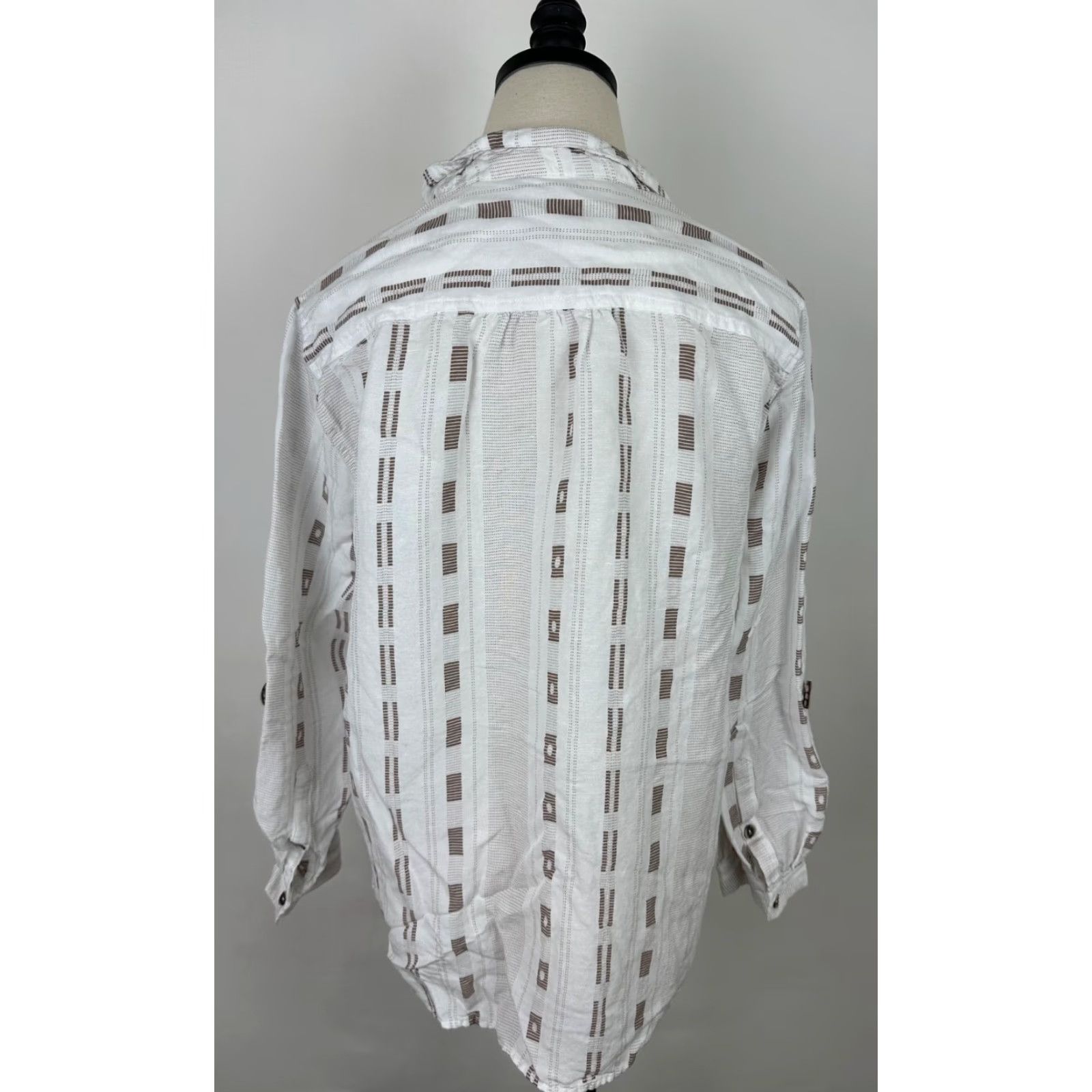 Vintage Ali Miles Shirt Womens Medium Linen Blend Geometric Stripe Roll Tab Sleeve Boho Size M / US 6-8 / IT 42-44 - 7 Thumbnail