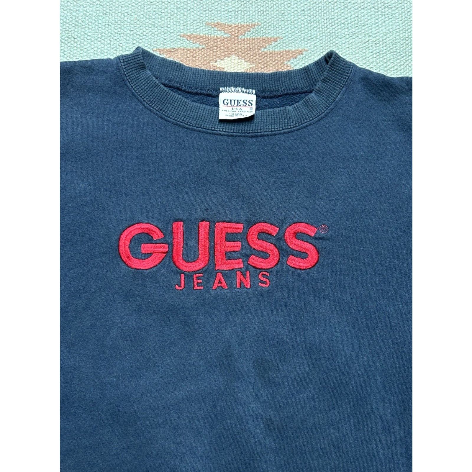 Guess VINTAGE 90s Guess Jeans Embroidered Heavy Cotton Boxy Crewneck Sweatshirt Men Large Blue Size US L / EU 52-54 / 3 - 2 Thumbnail