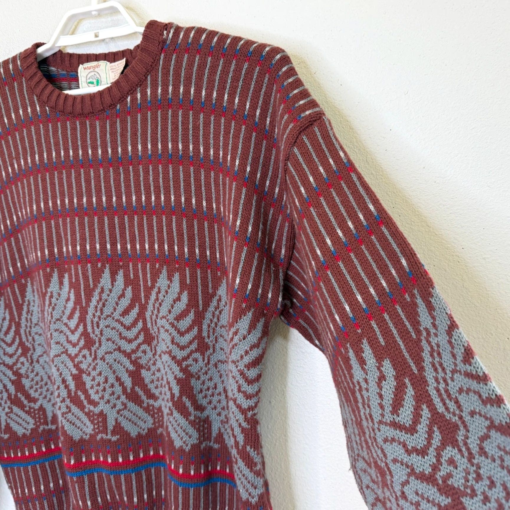 Wrangler VINTAGE Wrangler Sweater Mens Large Burgundy Geometric Pattern Western Graphic Print Crew Neck Knitted Pullover Long Sleeve Fall Winter Casual Mens Size US M / EU 48-50 / 2 - 4 Thumbnail