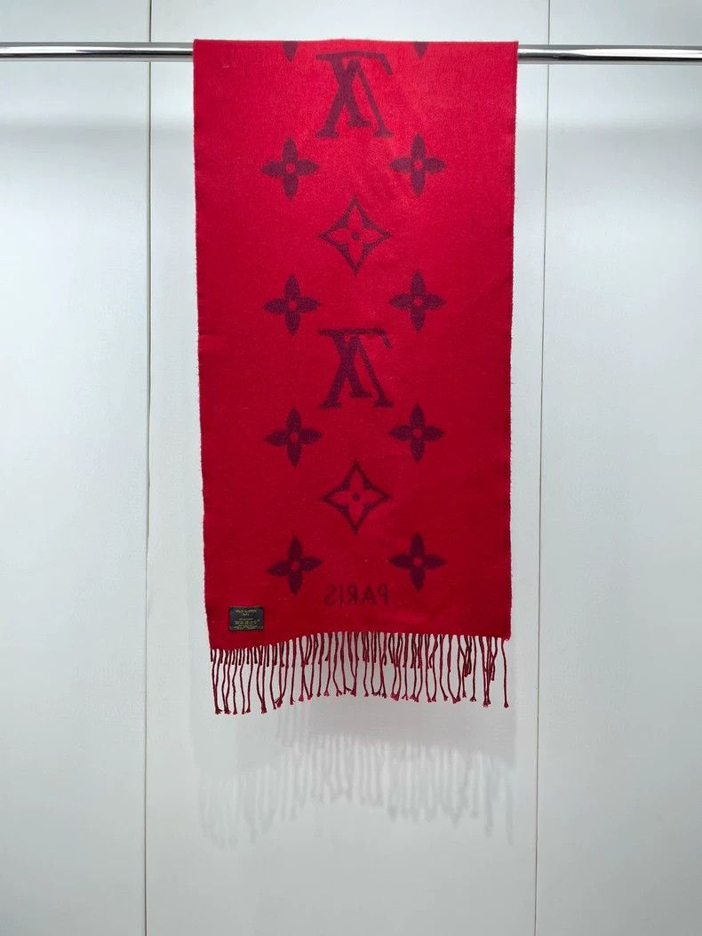 Louis Vuitton LOUIS VUITTON Red presbyopic cashmere fringe scarf 2504-Nex Size ONE SIZE - 2 Thumbnail